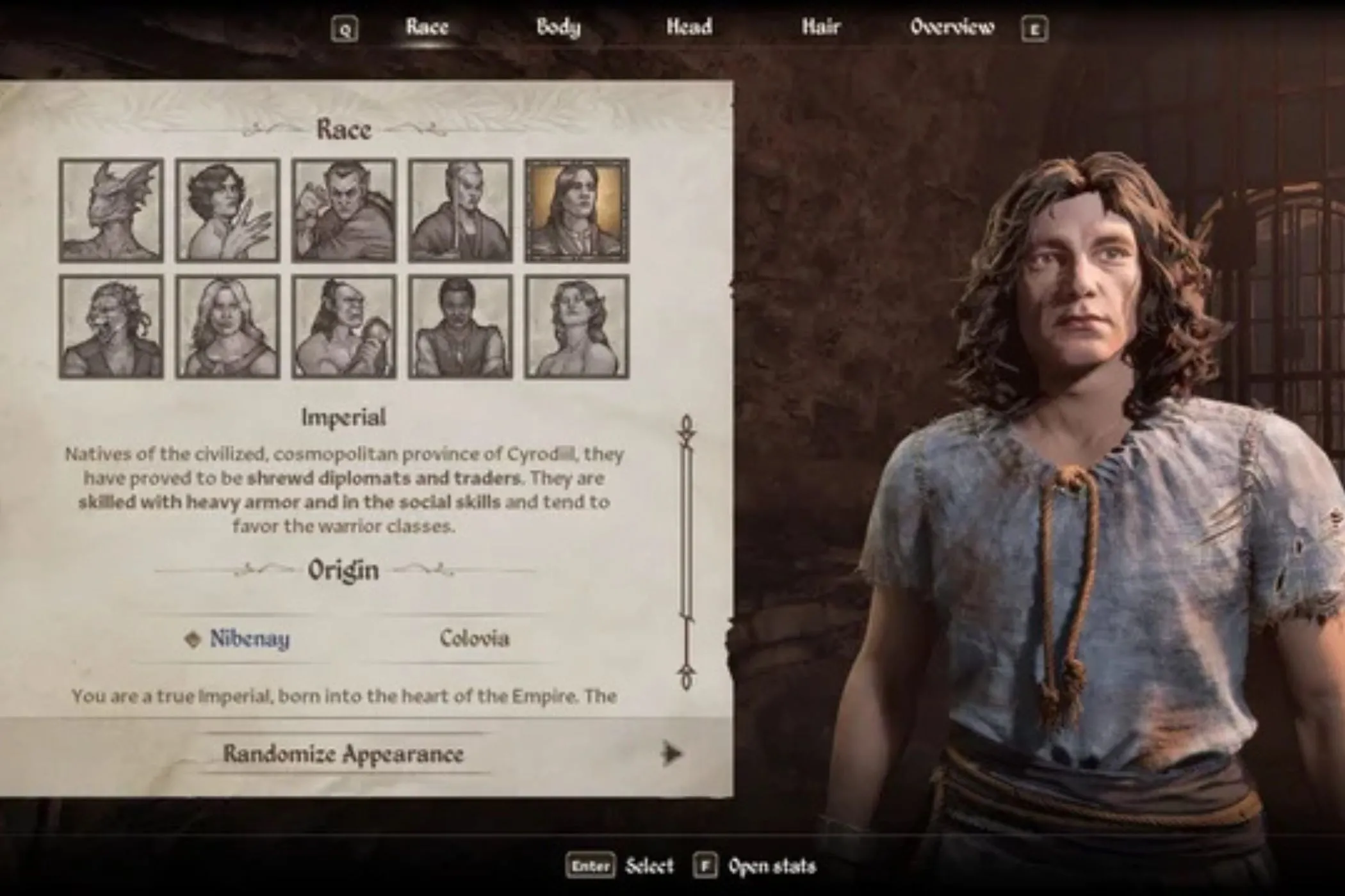 Nhân vật Imperial trong giao diện tạo nhân vật của Oblivion Remastered