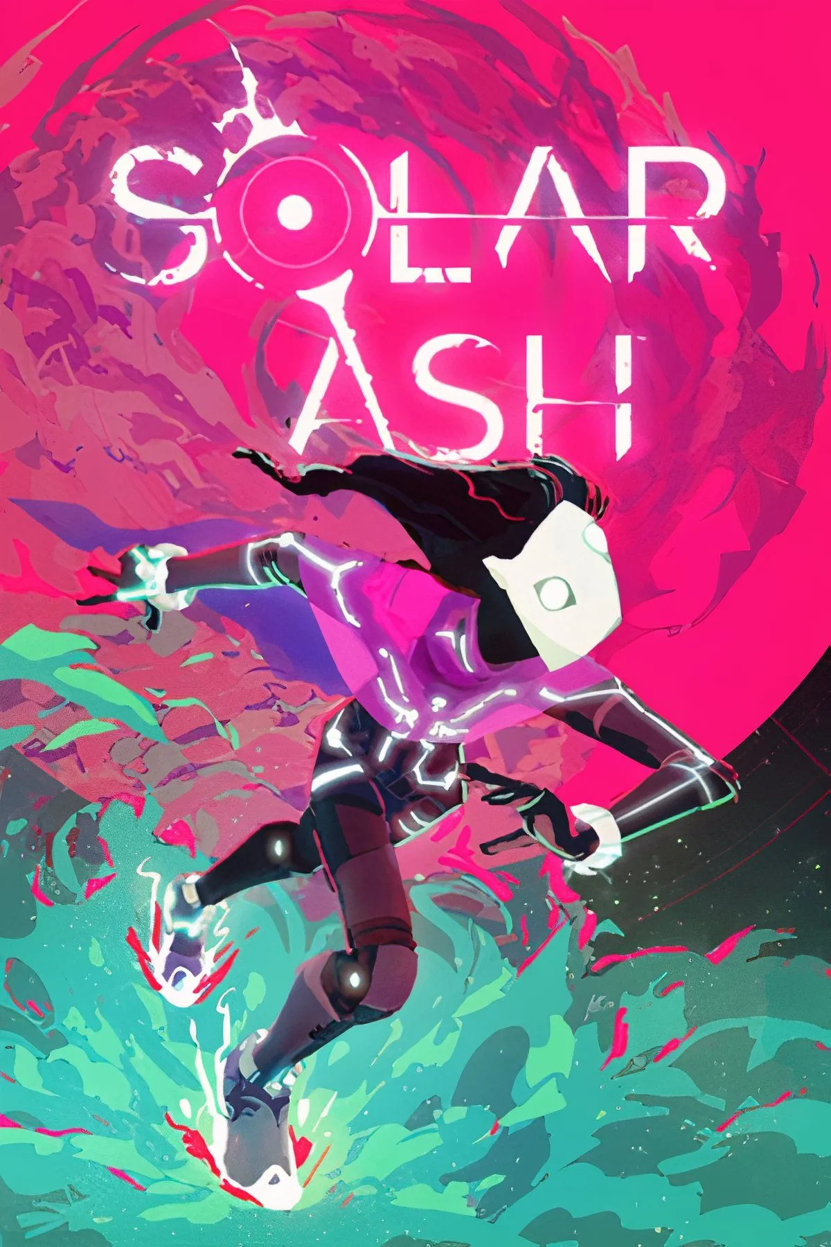 Nhân vật Ray lướt qua một cảnh quan vũ trụ đầy màu sắc trong game Solar Ash, thể hiện lối chơi di chuyển siêu linh hoạt.