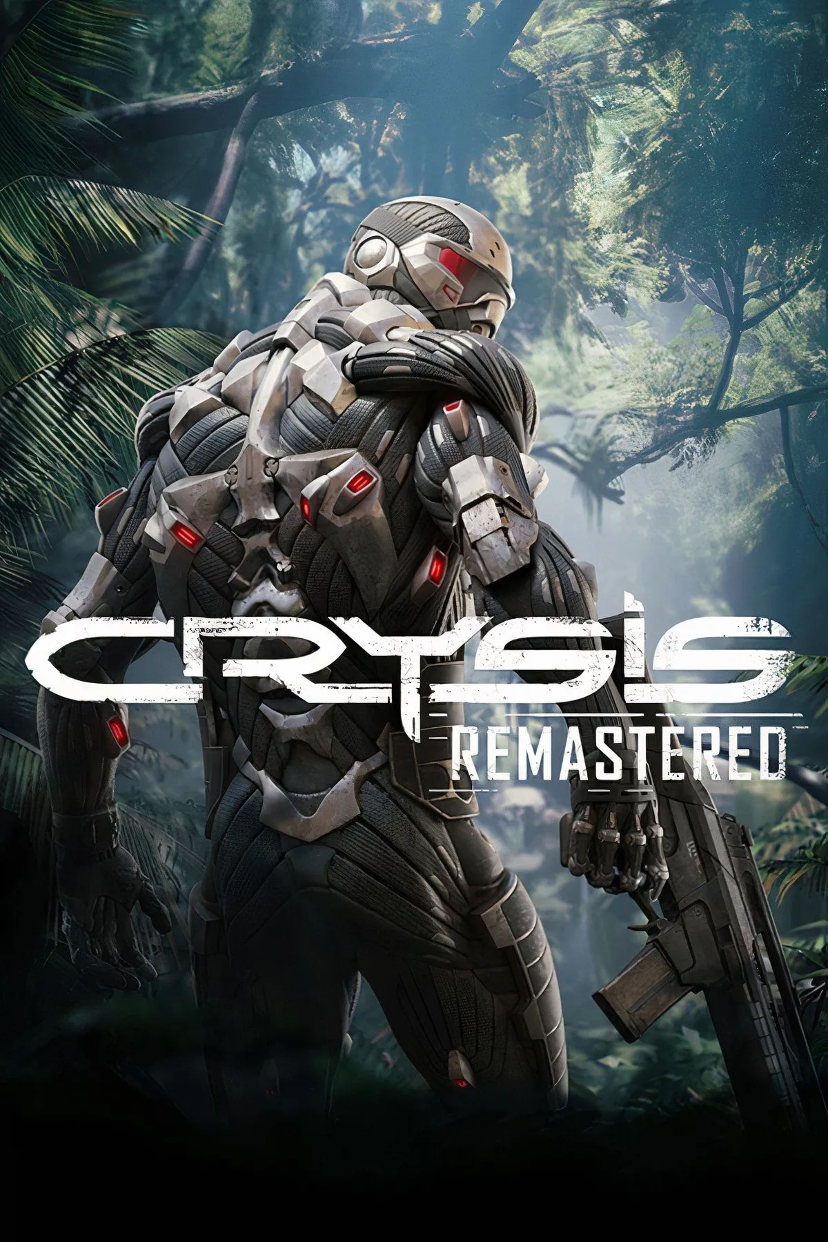 Nhân vật trong Crysis Remastered với bộ đồ Nano Suit trong môi trường rừng.