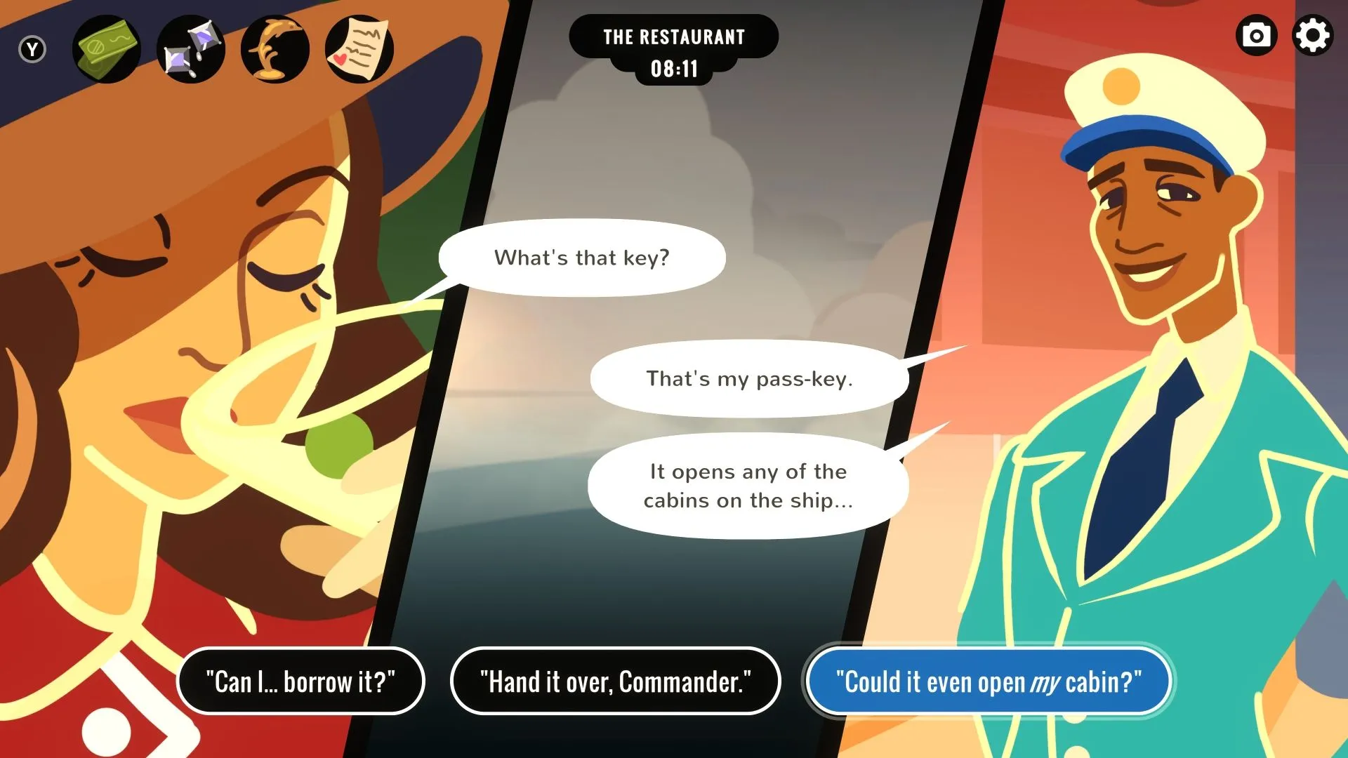 Nhân vật Veronica đang đối thoại với Anders trong game Overboard, thể hiện yếu tố suy luận và tương tác nhân vật
