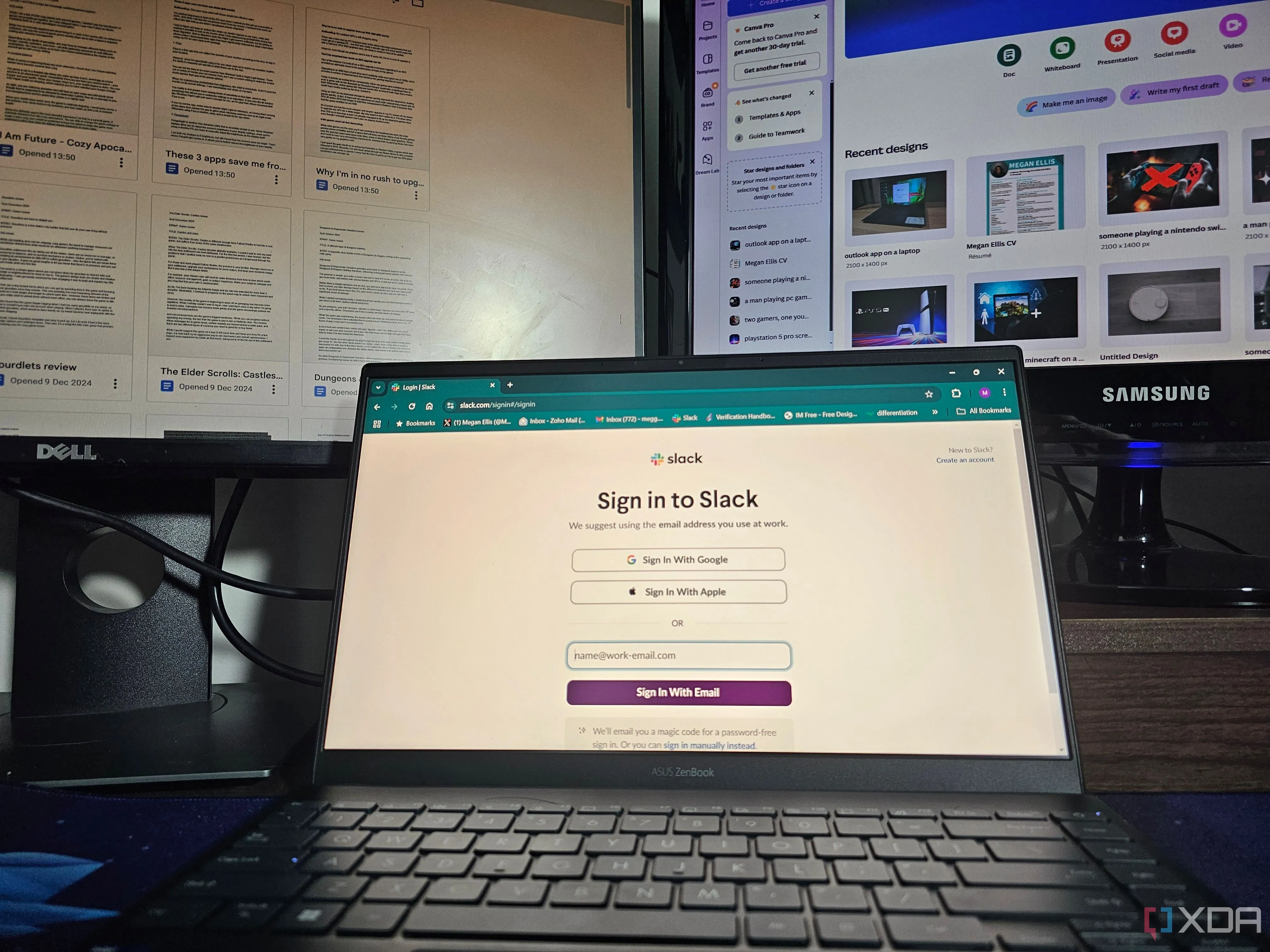 Nhiều màn hình hiển thị các trang web và ứng dụng khác nhau, thể hiện khả năng tách biệt ứng dụng hiệu quả trên setup đa màn hình.