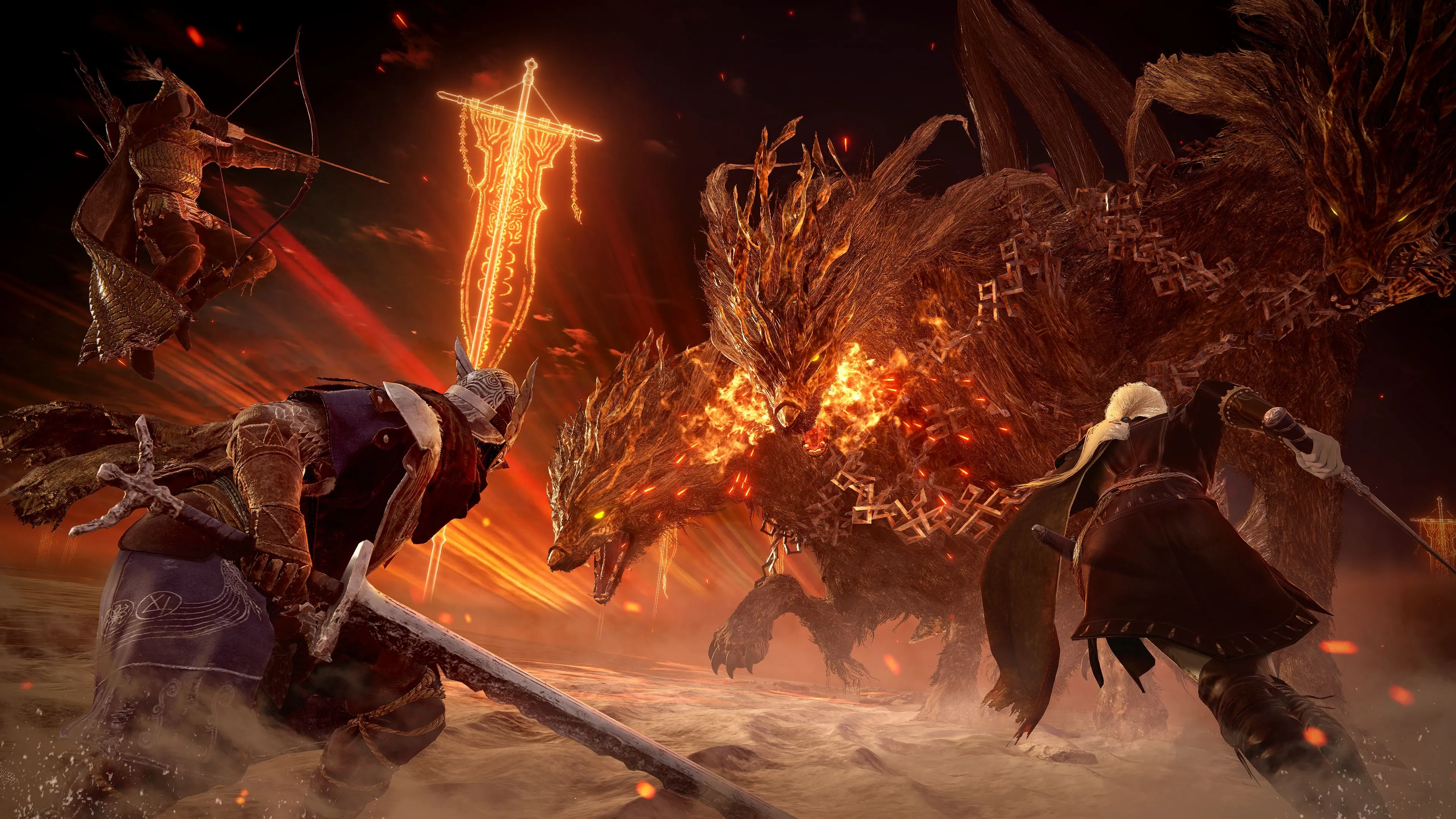 Nhóm anh hùng đang đối mặt với một quái vật hùng mạnh, minh họa gameplay hành động của Elden Ring Nightreign.