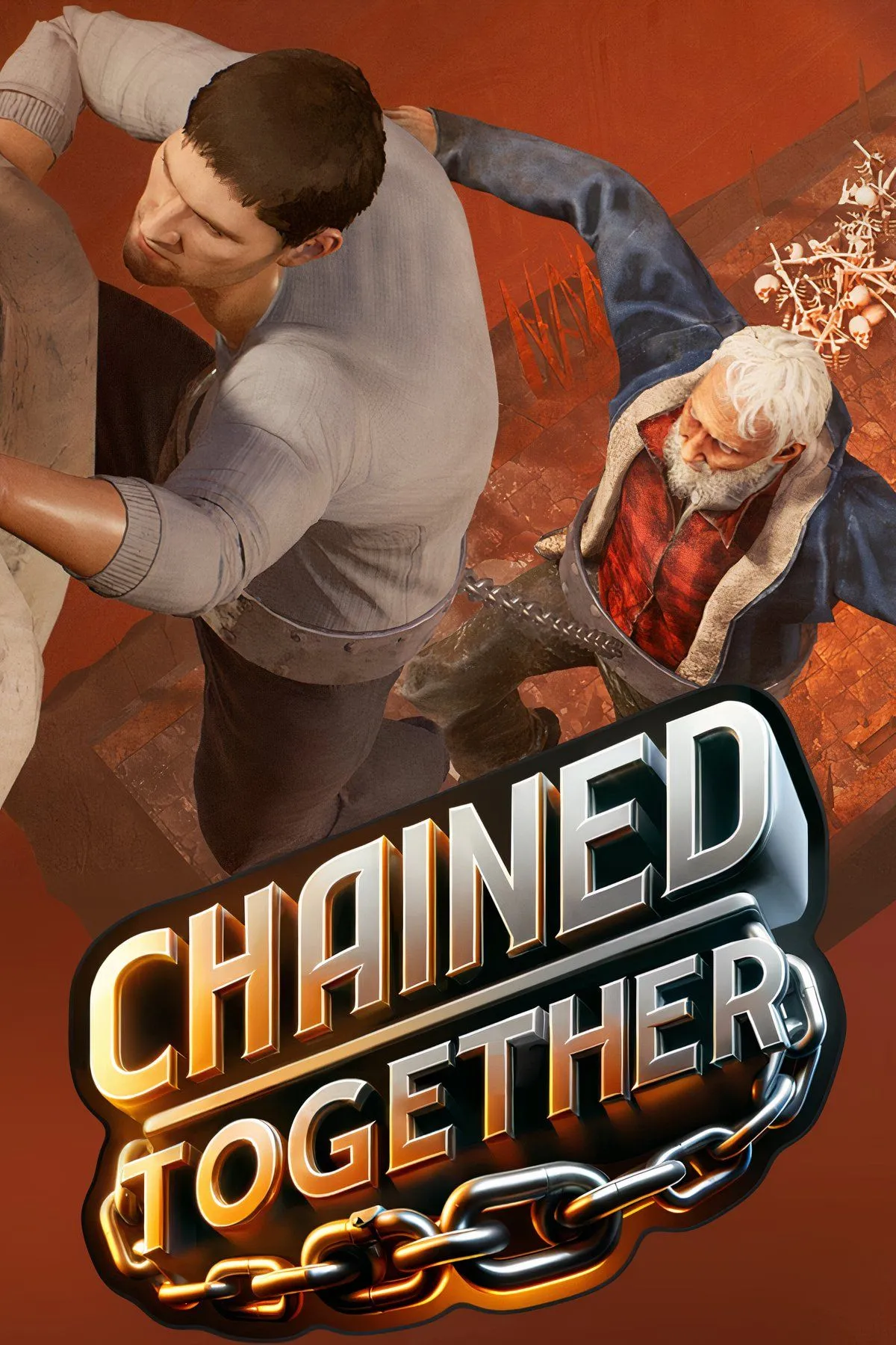 Những người chơi hợp tác trong game Chained Together với chuỗi xích liên kết, thể hiện cơ chế gameplay độc đáo của tựa game phiêu lưu co-op