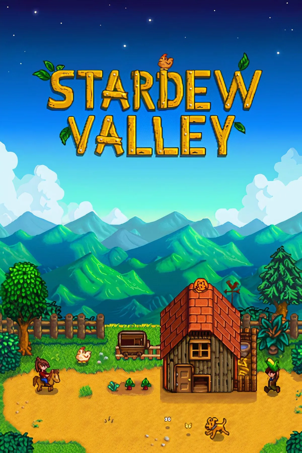 Nông trại xanh mát trong Stardew Valley với hai nhân vật đang chăm sóc cây trồng, thể hiện lối chơi mô phỏng nông trại thư giãn
