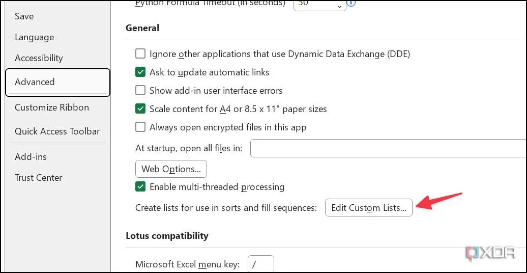 Nút Edit Custom Lists (Chỉnh sửa danh sách tùy chỉnh) trong cài đặt nâng cao Excel