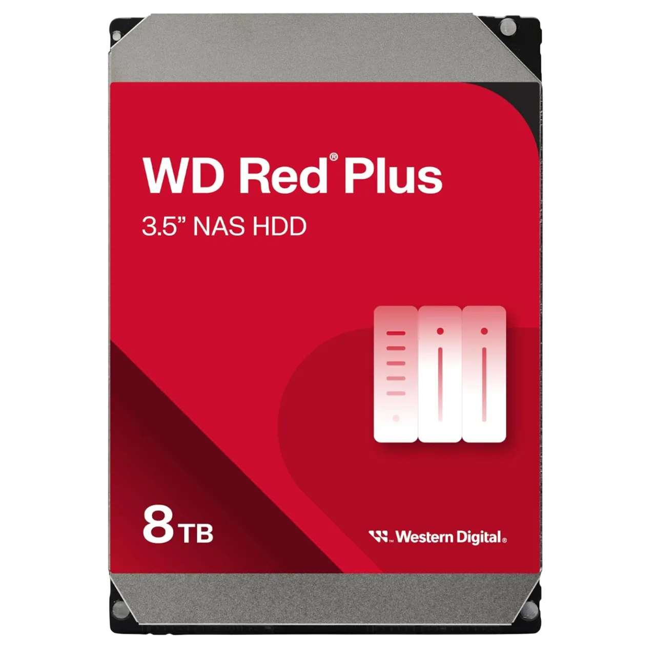 Ổ cứng NAS Western Digital WD Red Plus 8TB với nhãn hiệu rõ ràng trên nền trắng