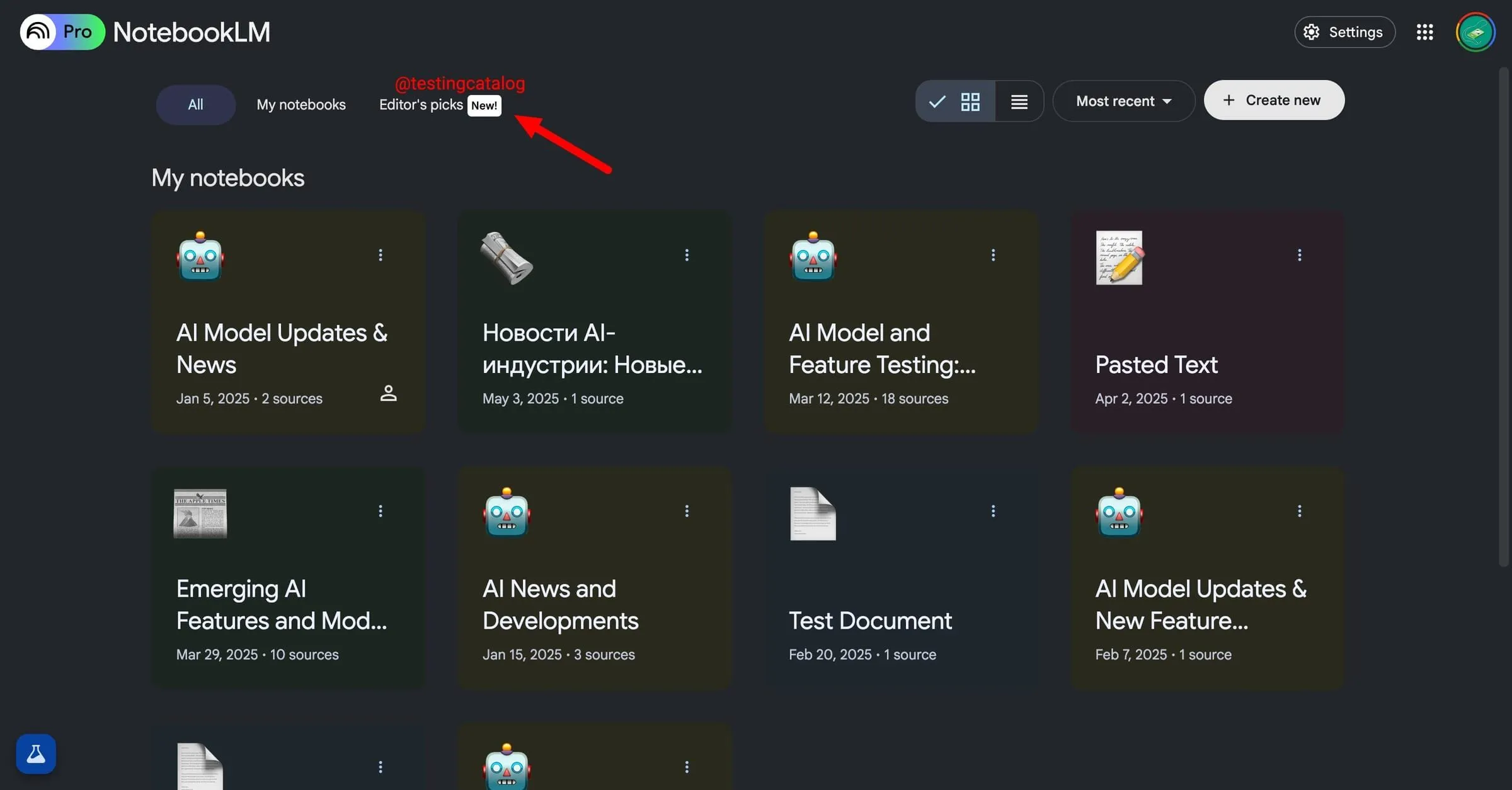 Phần Editor's Picks mới trên trang chủ NotebookLM, giúp người dùng khám phá các sổ ghi chú công khai.