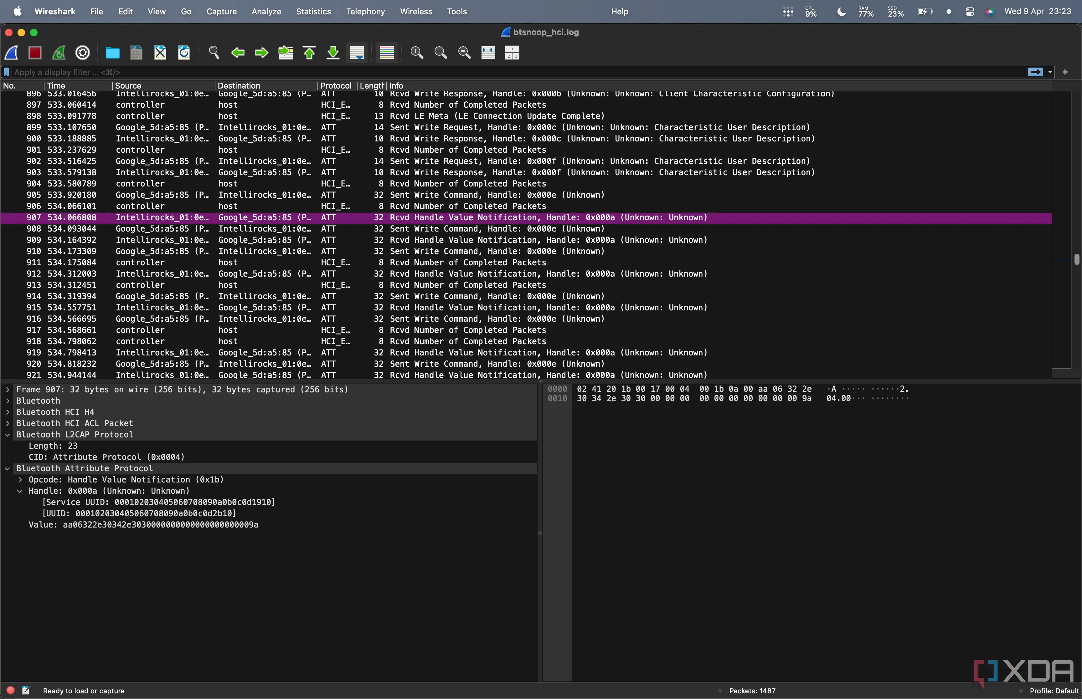 Phân tích gói tin thông báo Bluetooth LE từ đèn Govee H615B trong Wireshark.