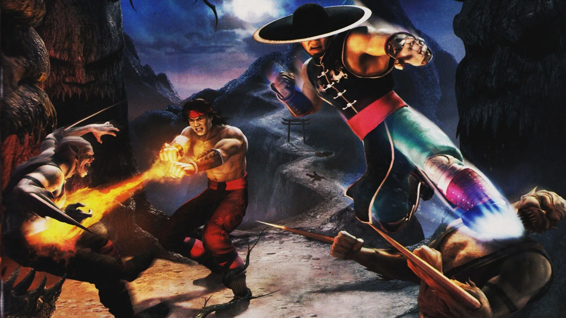Poster quảng cáo key art của Mortal Kombat: Shaolin Monks, thể hiện Liu Kang và Kung Lao chiến đấu với kẻ thù