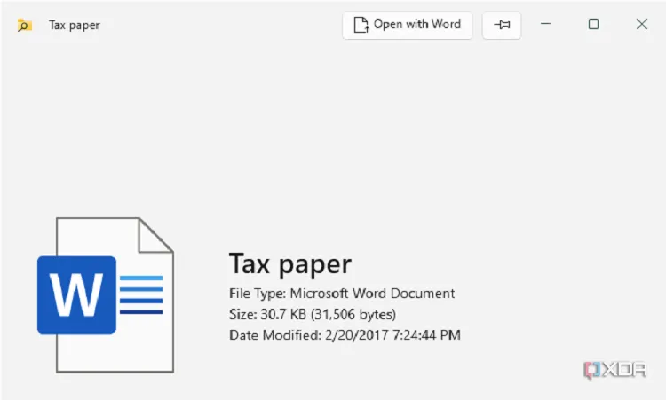 PowerToys Peek hiển thị metadata khi xem trước file Microsoft Word, không phải nội dung chính.