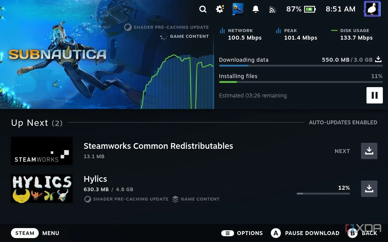 Quá trình tải xuống và tiền biên dịch shader Vulkan tự động trên SteamOS, hiển thị cùng tựa game Subnautica.