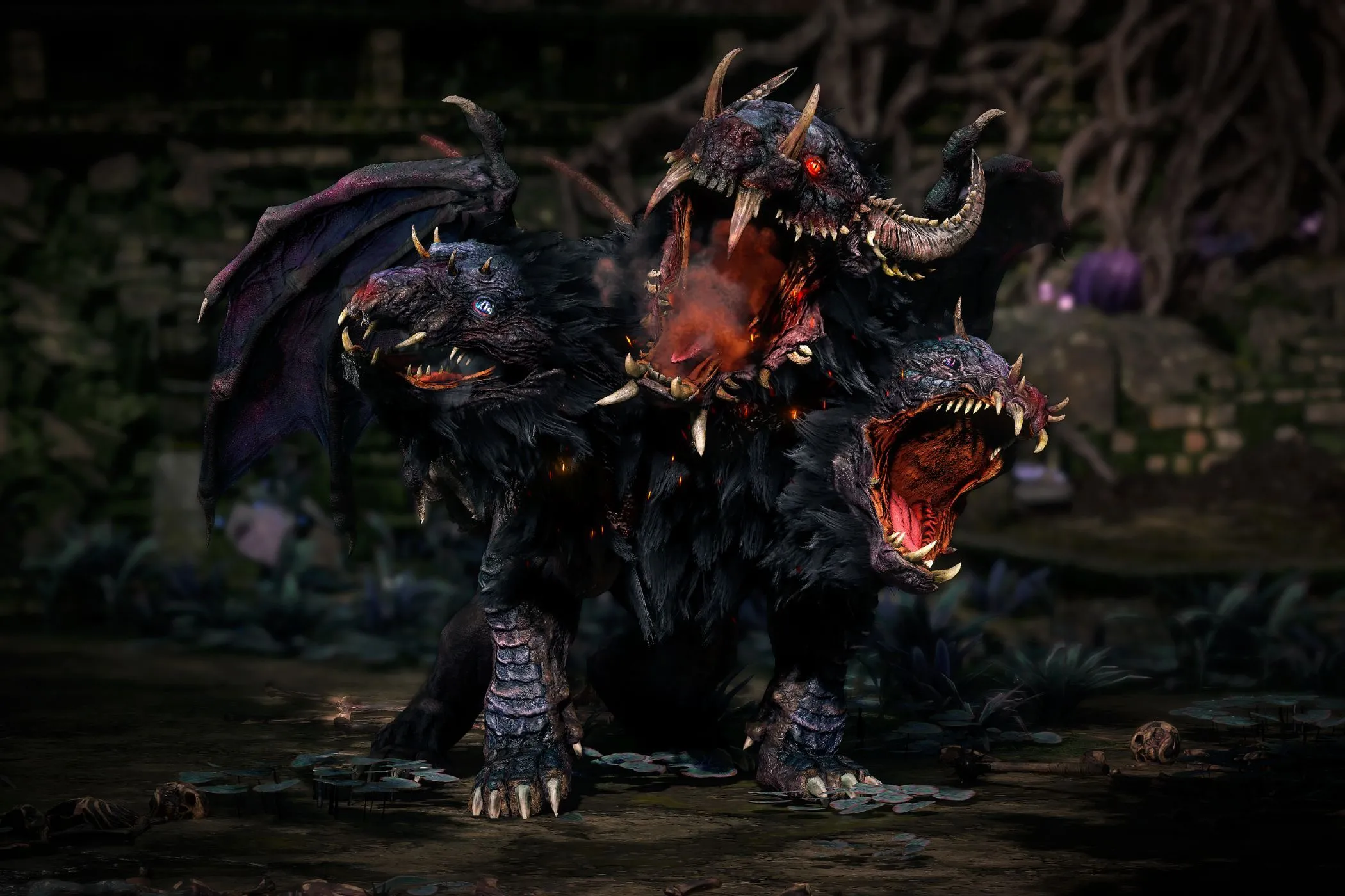 Quái vật chó địa ngục ba đầu Cerberus đang gầm gừ trong Path of Exile 2, thể hiện sự đa dạng quái vật và hiệu ứng kỹ năng