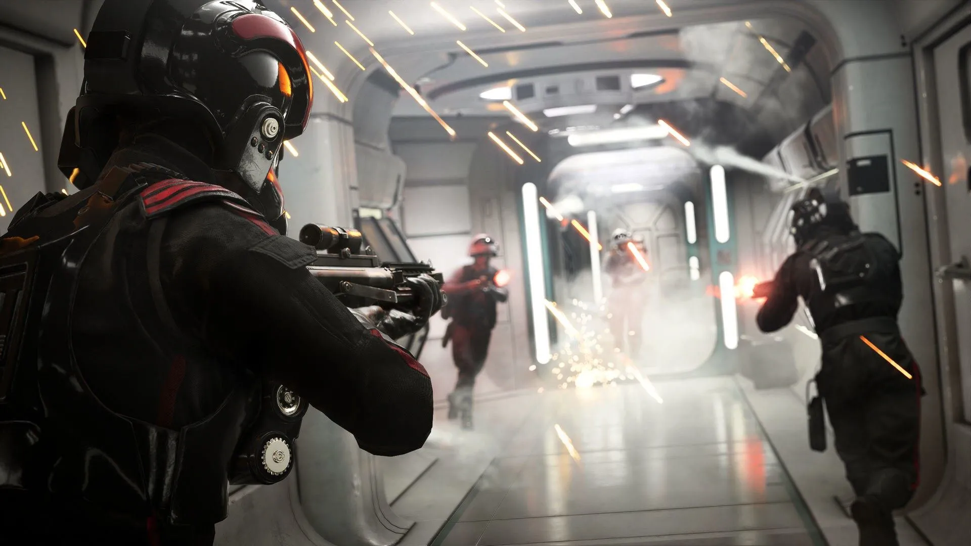 Quân đội Đế chế và phe Nổi dậy giao tranh ác liệt trong một hành lang trên bản đồ Star Wars Battlefront 2