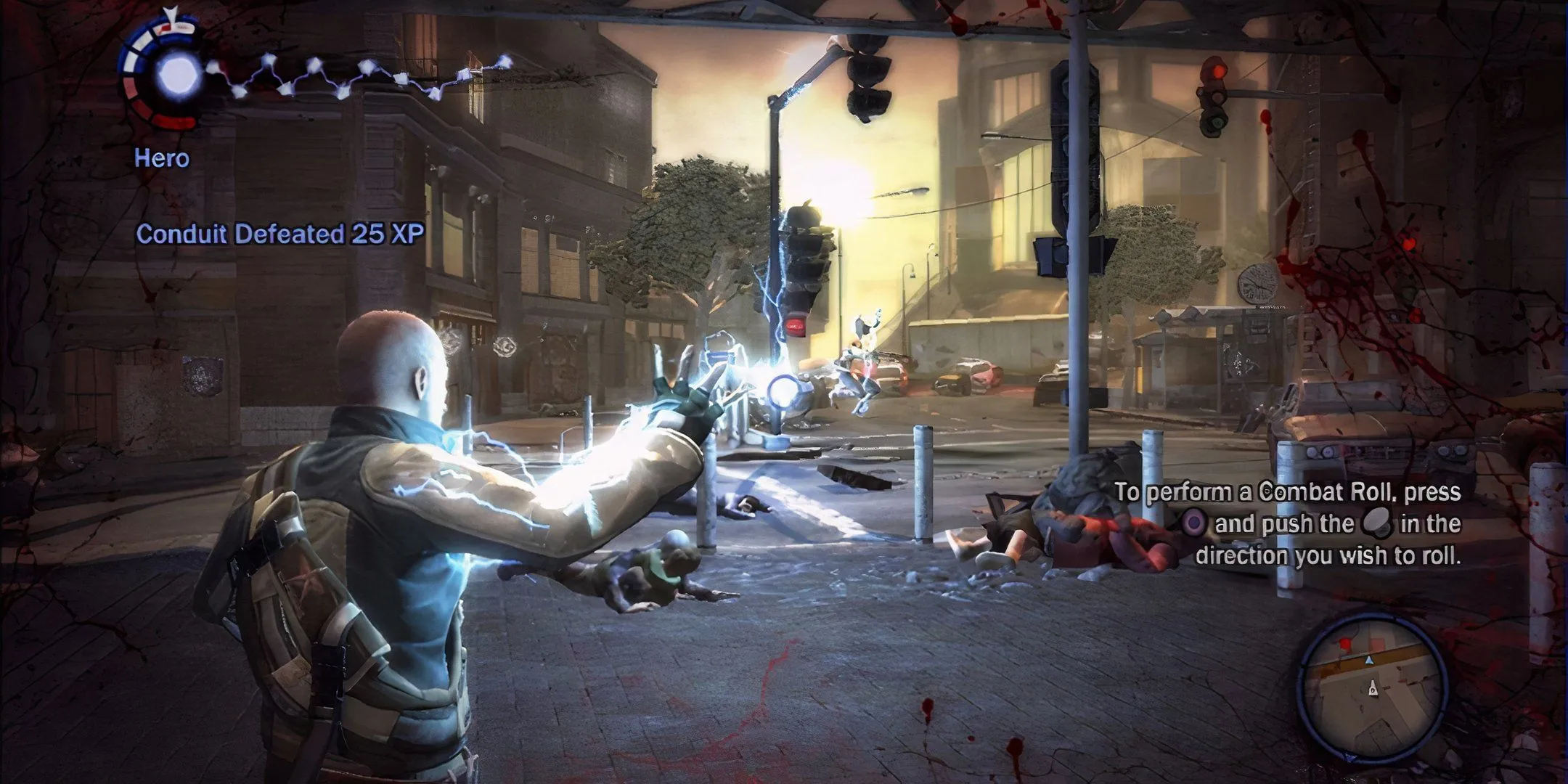 Quang cảnh thành phố và Cole MacGrath trong game hành động phiêu lưu Infamous.