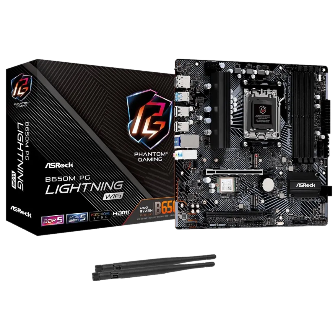 Render 3D của bo mạch chủ ASRock B650M PG Lightning WiFi màu đen cùng hộp sản phẩm, đại diện cho mainboard B650 giá rẻ đầy đủ tính năng.