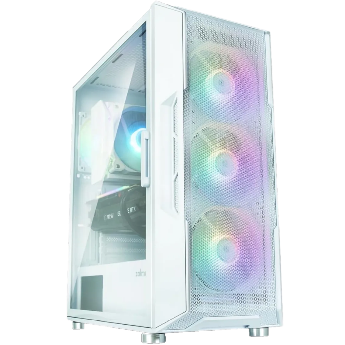 Render 3D của vỏ case Zalman i3 Neo màu trắng với bốn quạt RGB tích hợp, đại diện cho vỏ case PC tầm trung có tính năng vượt trội.