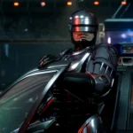 RoboCop: Rogue City - Hình ảnh RoboCop hùng dũng bước ra từ xe, thể hiện phong cách game FPS hành động đậm chất khoa học viễn tưởng.