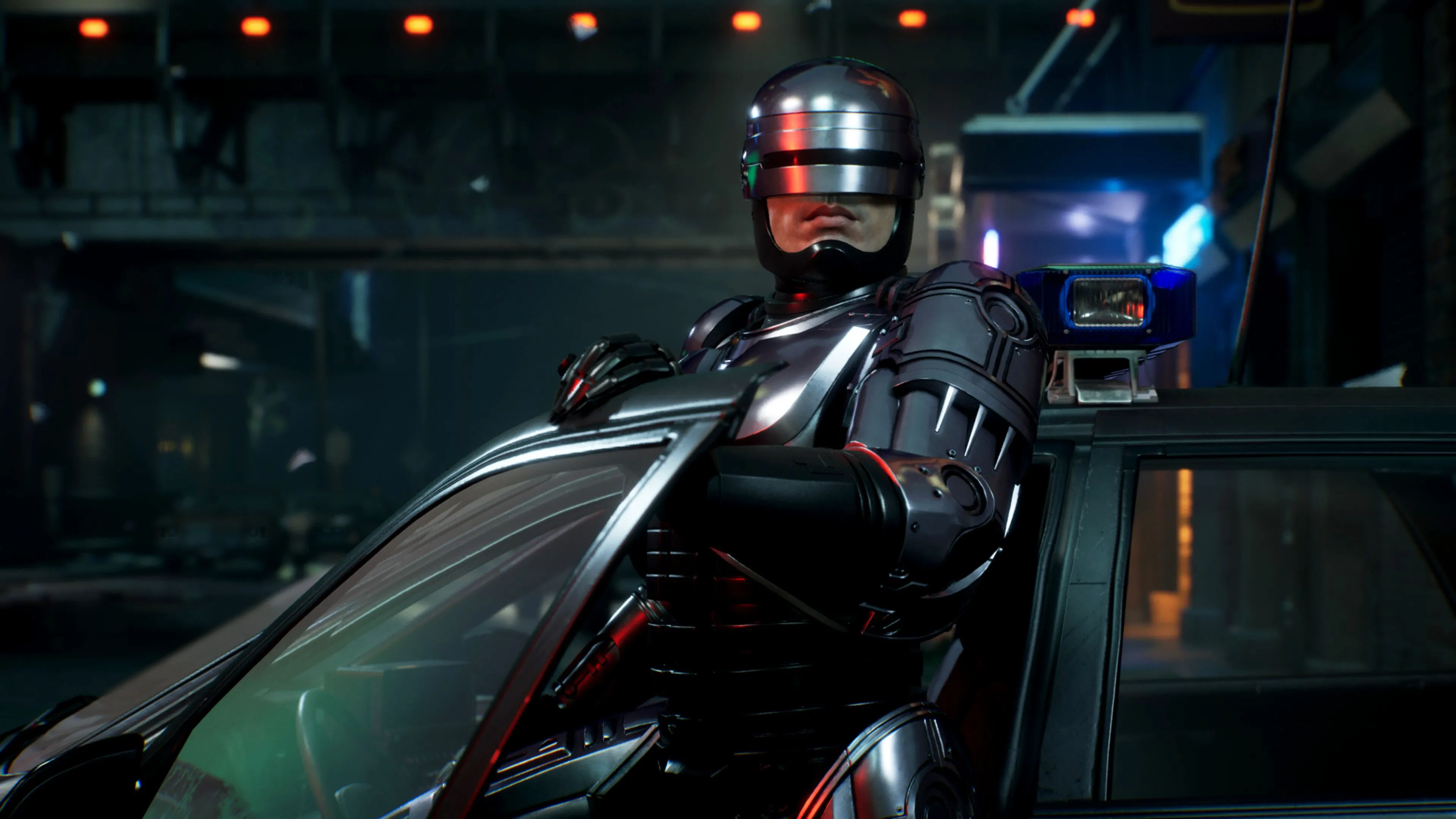 RoboCop: Rogue City - Hình ảnh RoboCop hùng dũng bước ra từ xe, thể hiện phong cách game FPS hành động đậm chất khoa học viễn tưởng.