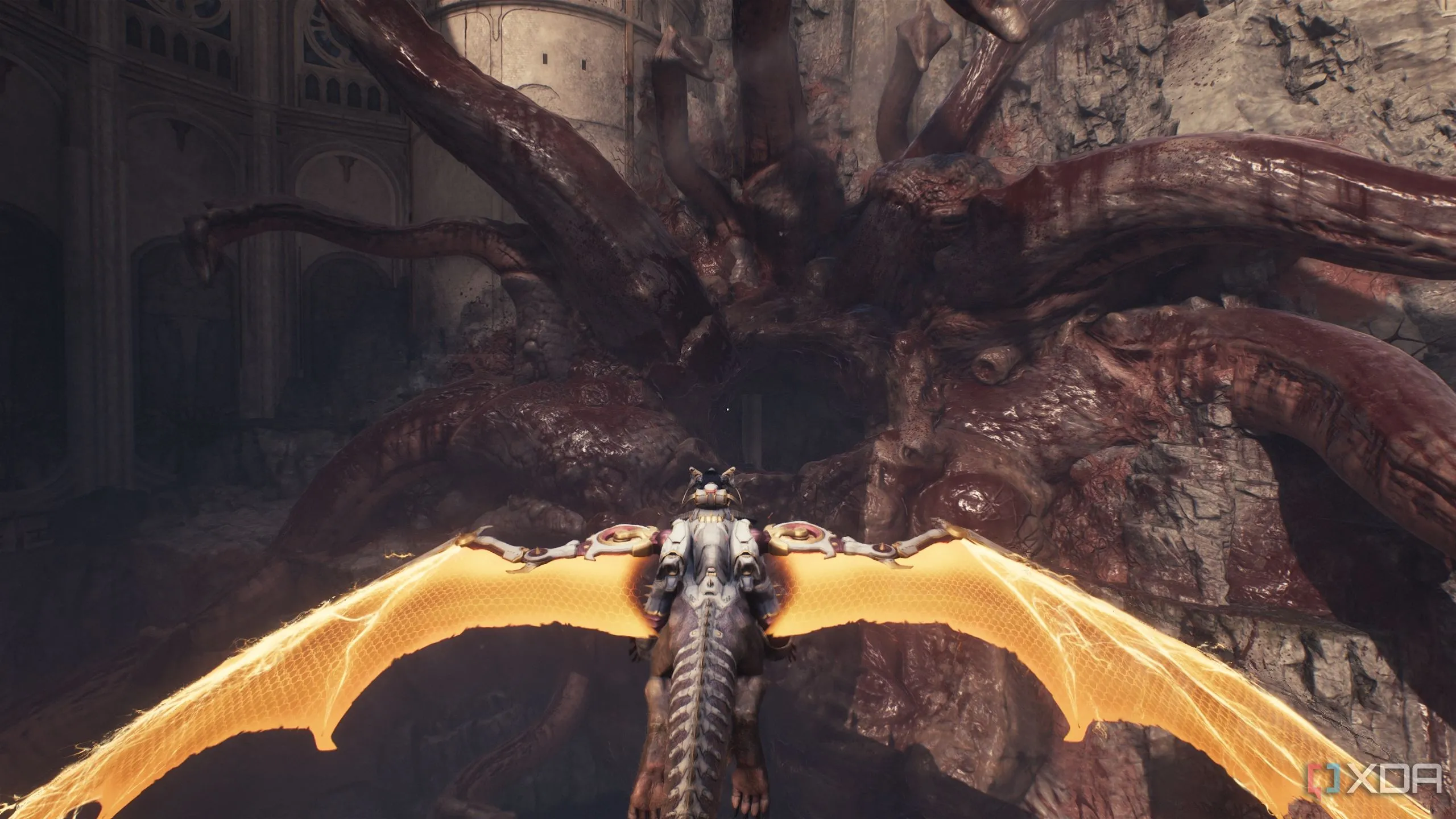 Rồng Serrat bay xuyên qua một lỗ hổng vừa được tạo ra trên mặt quỷ Leviathan khổng lồ, mở lối vào khu vực mới trong Doom The Dark Ages.