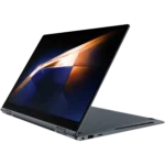 Samsung Galaxy Book 4 Pro 360 ở chế độ lều, thể hiện tính năng gập 360 độ và màn hình cảm ứng 16 inch.