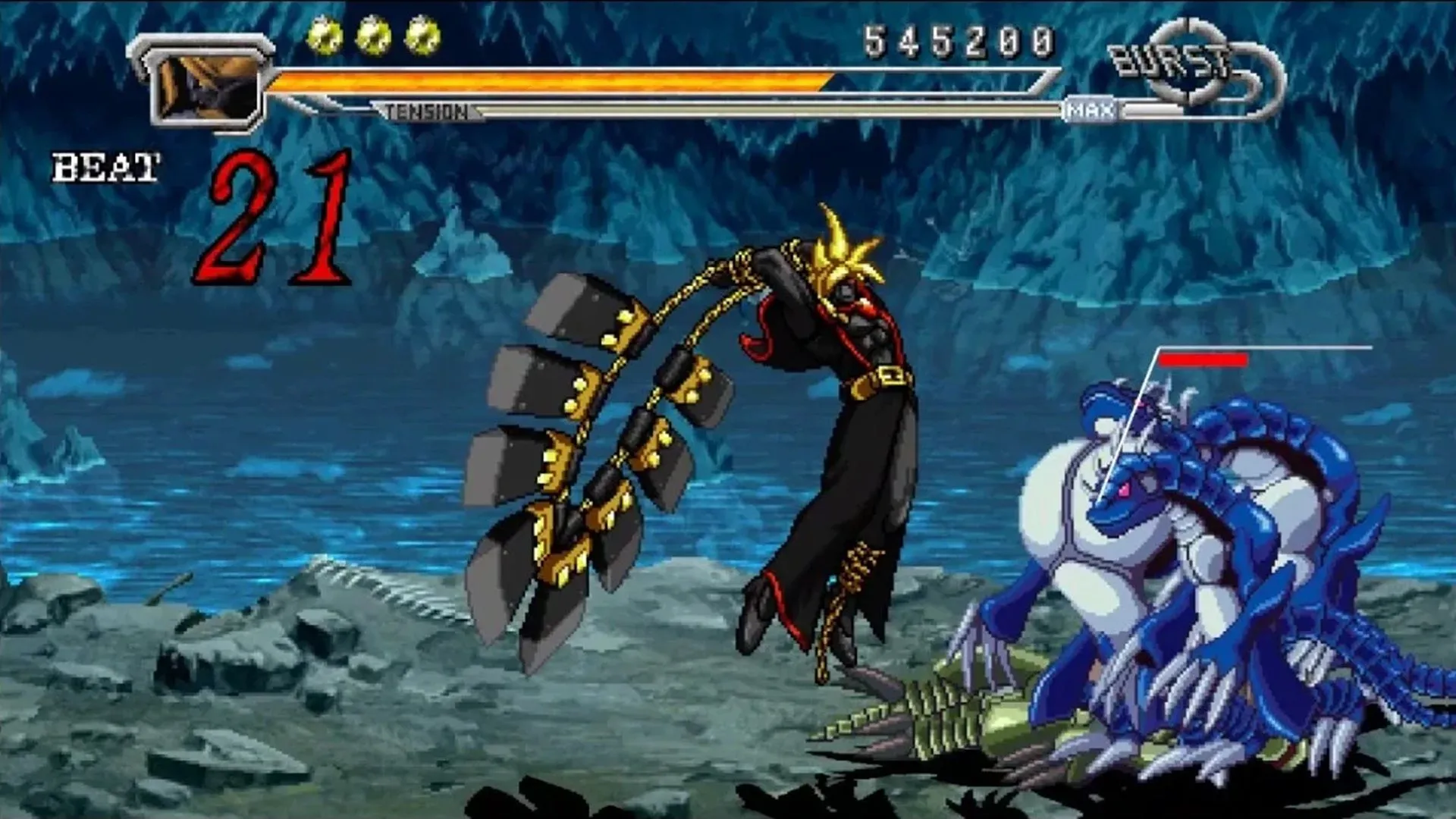 Screenshot cảnh chơi chính từ Guilty Gear Judgement, một game brawler màn hình ngang
