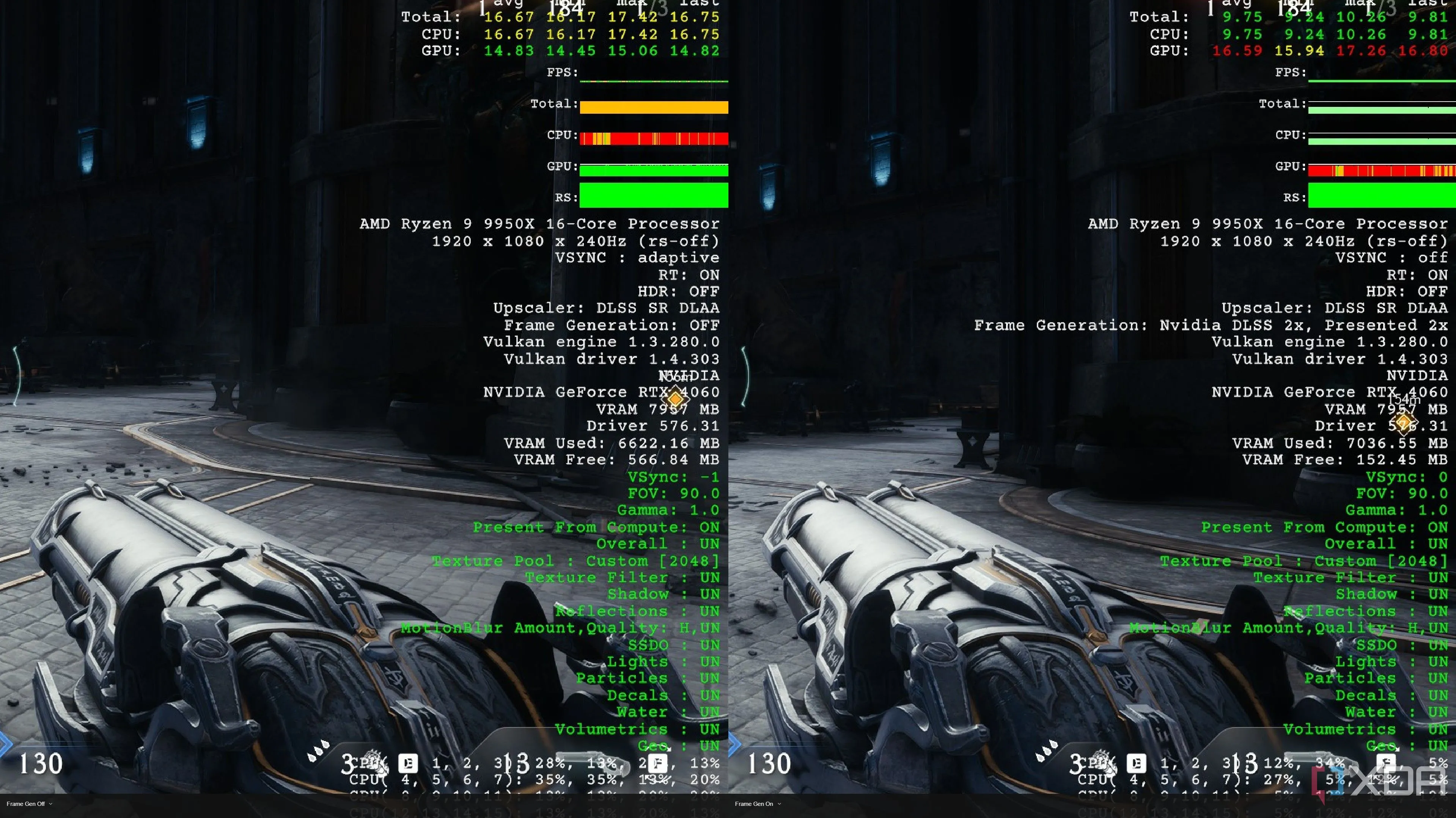 So sánh hiệu năng Doom The Dark Ages khi bật và tắt DLSS Frame Generation trên RTX 4060, cho thấy mức tăng VRAM và cải thiện frame time