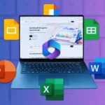 So sánh Microsoft 365 và Google One: Màn hình laptop hiển thị trang chủ Microsoft 365 với các biểu tượng Office và các ứng dụng Google Docs