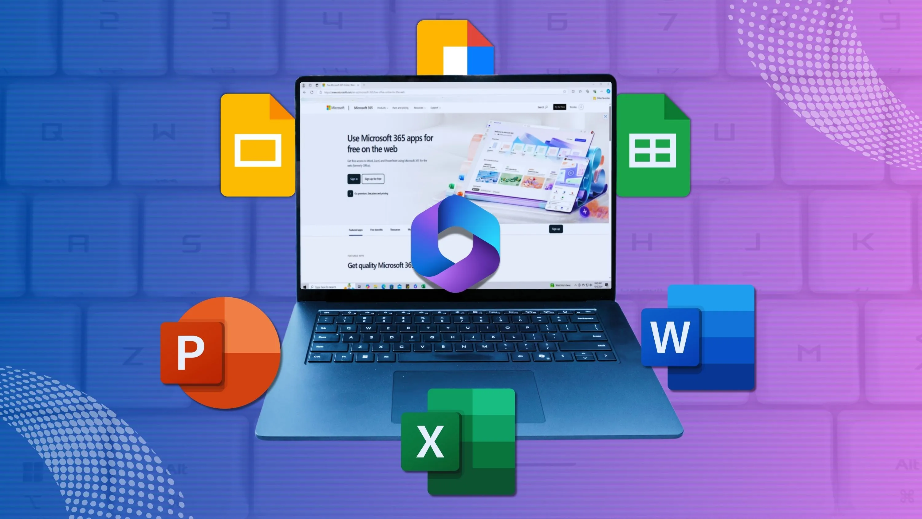 So sánh Microsoft 365 và Google One: Màn hình laptop hiển thị trang chủ Microsoft 365 với các biểu tượng Office và các ứng dụng Google Docs