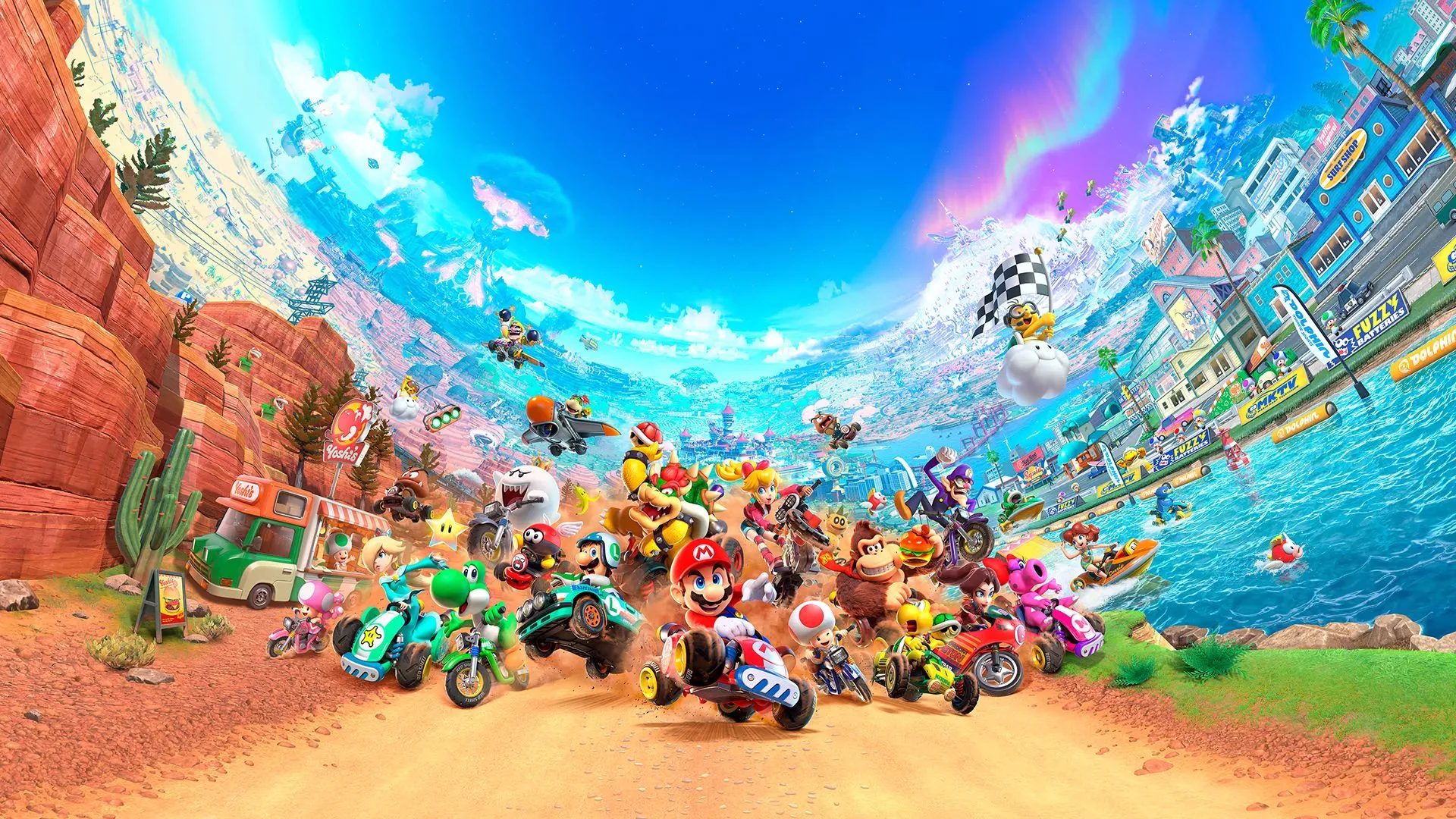 Tác phẩm nghệ thuật chủ đạo của game Mario Kart World cho hệ máy Nintendo Switch 2 sắp ra mắt.