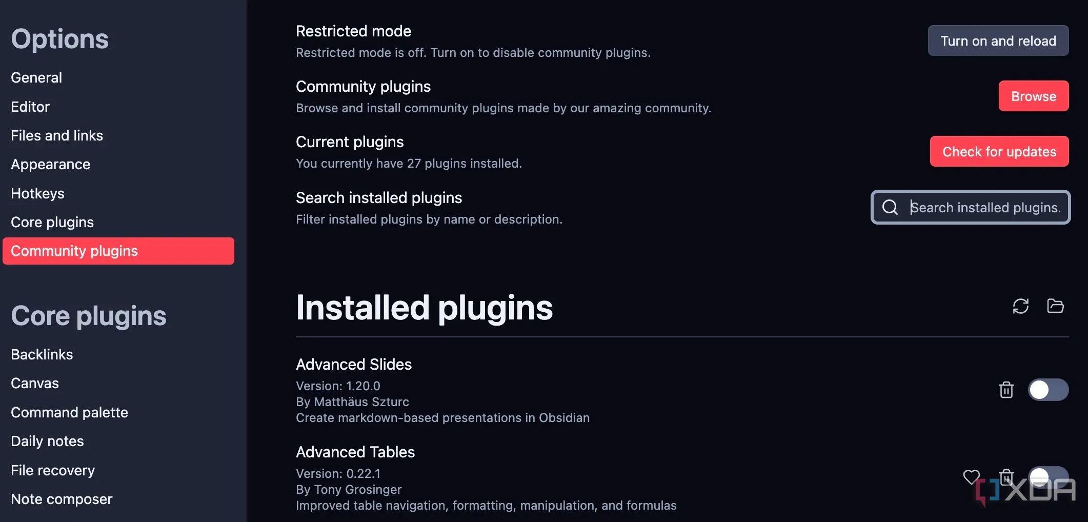 Tắt chế độ hạn chế (Restricted mode) trong cài đặt Plugin cộng đồng của Obsidian