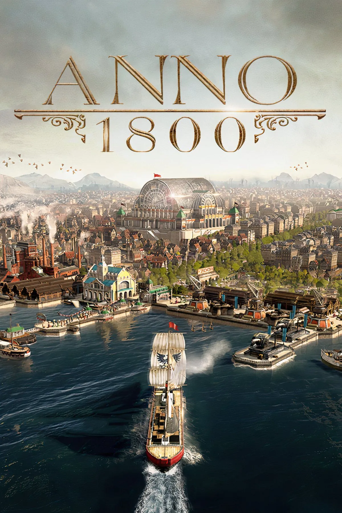 Thành phố công nghiệp hóa sầm uất với tàu bè và nhà máy trong Anno 1800.