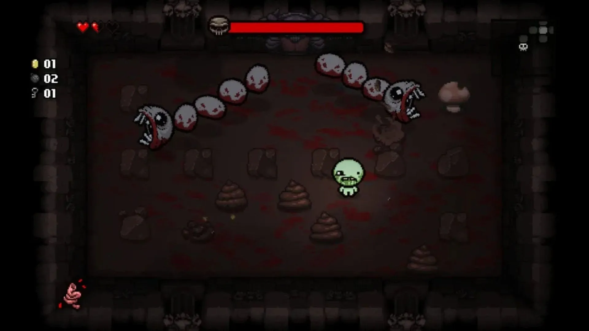 The Binding of Isaac Rebirth - Ảnh chụp màn hình gameplay Isaac chiến đấu với quái vật và vật phẩm trong hầm ngục u ám của game The Binding of Isaac Rebirth trên PlayStation Vita