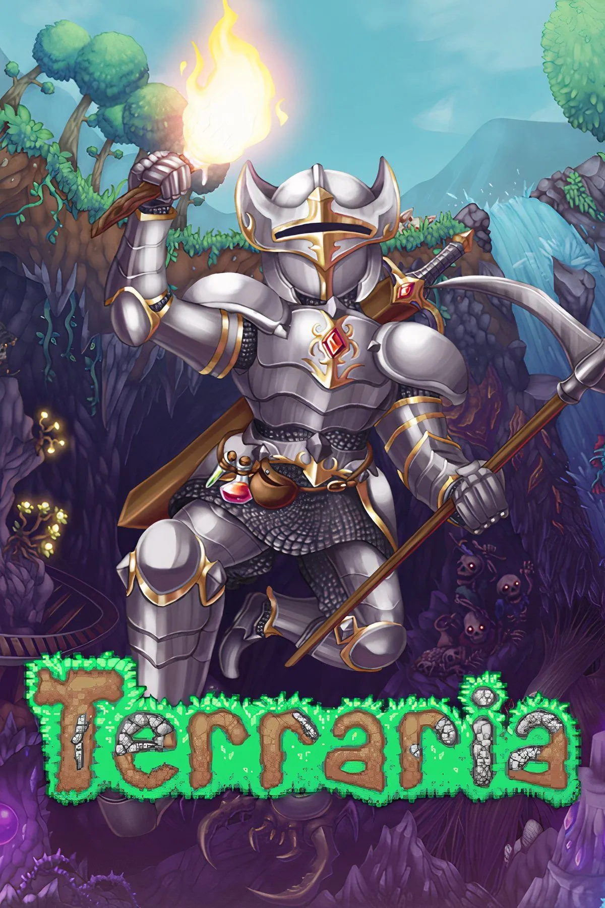 Thế giới pixel 2D đầy màu sắc của Terraria, với cảnh các biome Corruption và Hallow, đại diện cho thử thách làm sạch bản đồ.