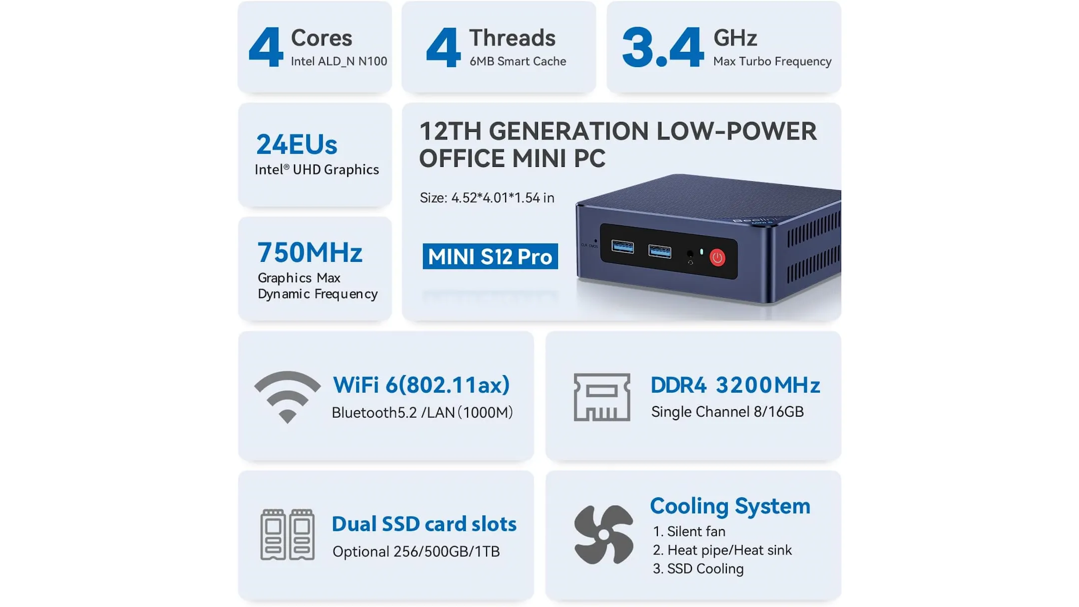 Thông số kỹ thuật chi tiết của Mini PC Beelink S12 Pro bao gồm bộ xử lý Intel N100, RAM 16GB và SSD 500GB