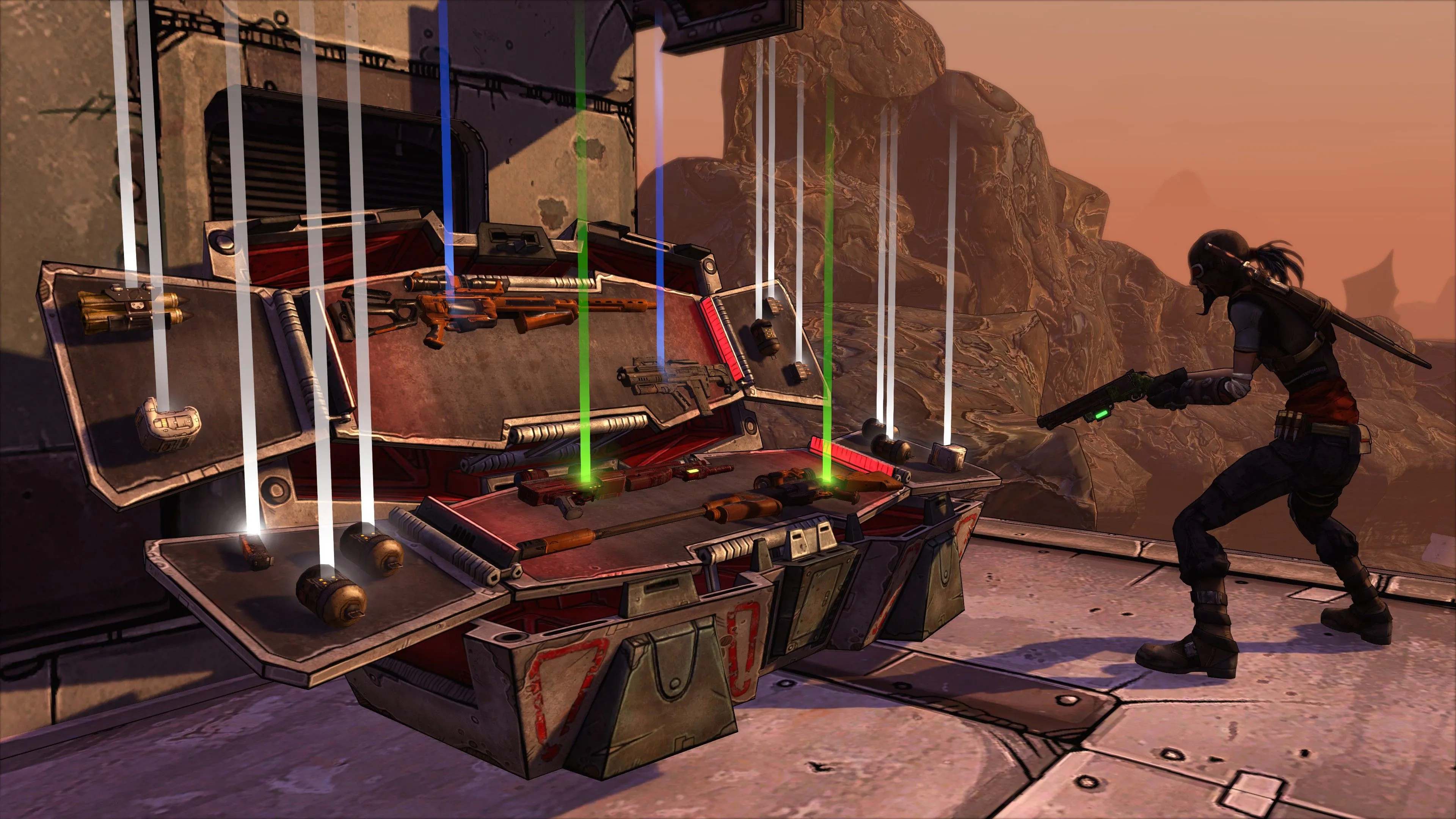 Thùng đồ chứa vũ khí trong game Borderlands, minh họa cơ chế loot đồ hấp dẫn khi chơi co-op split-screen.