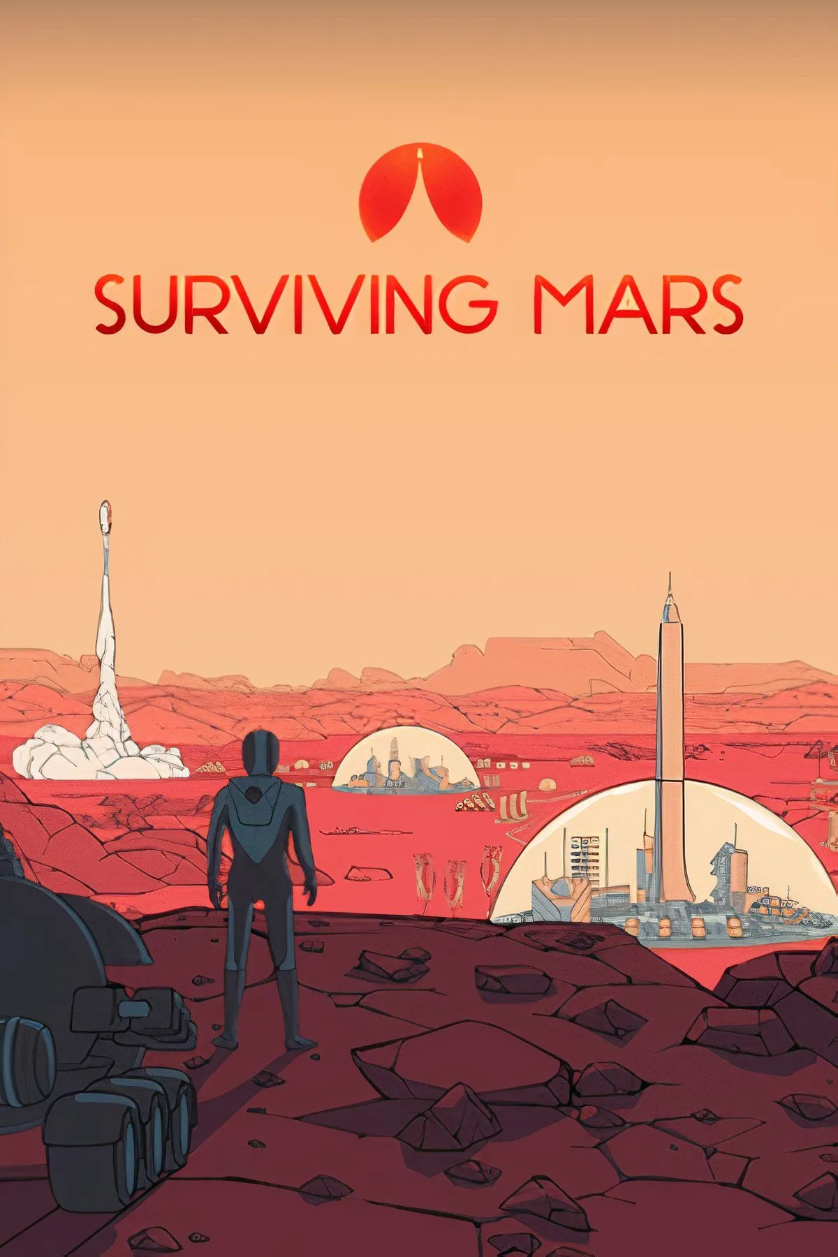 Thuộc địa con người với các mái vòm và công trình trên bề mặt Sao Hỏa trong Surviving Mars.