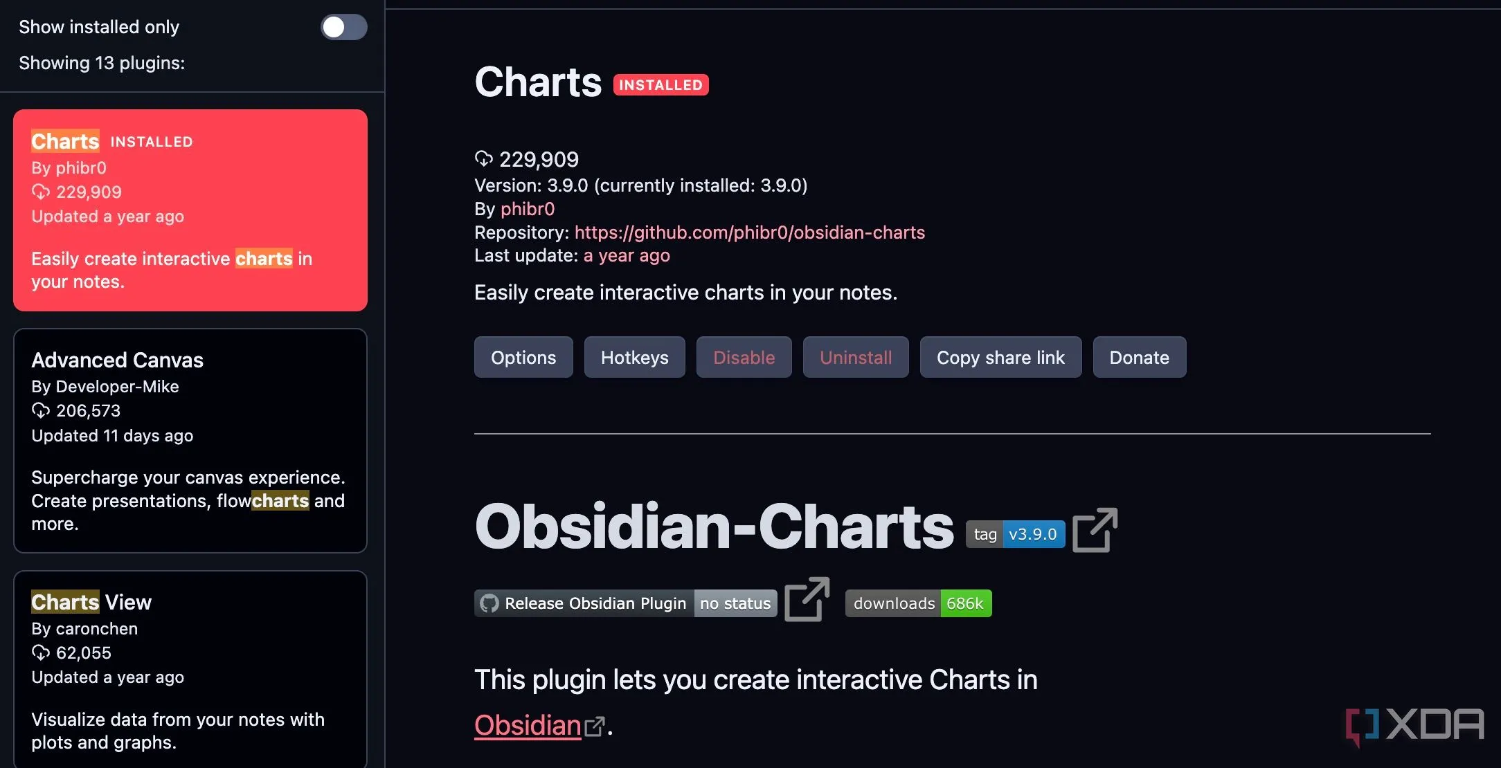 Tìm kiếm và cài đặt plugin Charts từ kho Community Plugins của Obsidian
