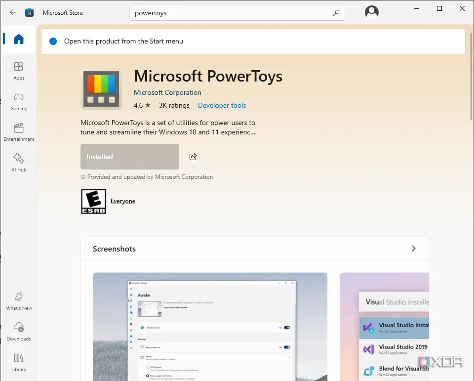 Tìm kiếm và tải ứng dụng PowerToys từ Microsoft Store trên Windows.