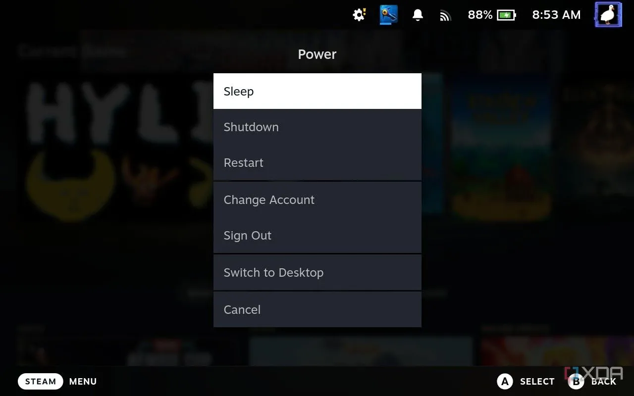Tính năng tạm dừng game (Sleep functionality) trên Steam Deck, mang lại sự tiện lợi như console.