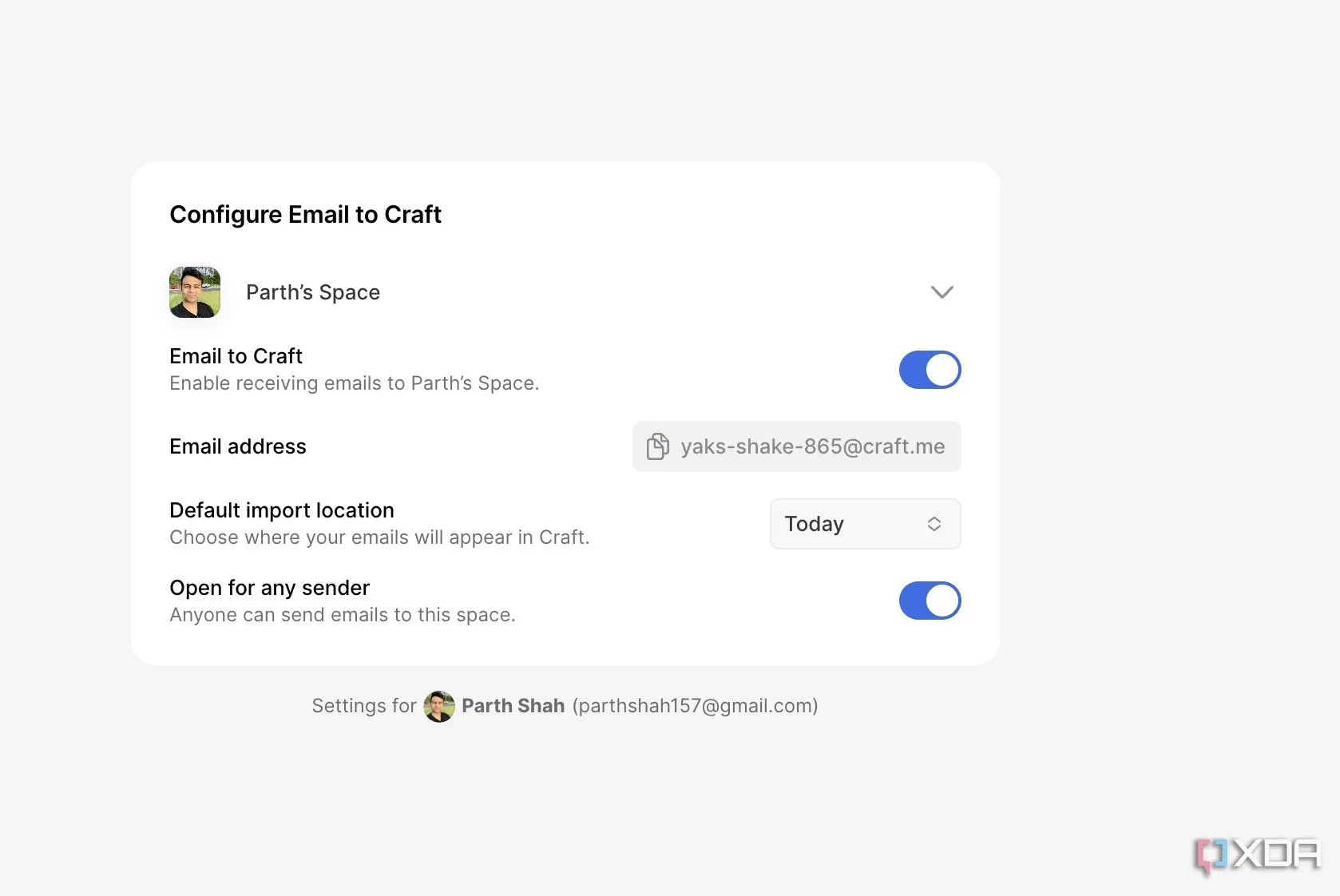 Tính năng tích hợp gửi email trực tiếp vào không gian làm việc Craft thông qua địa chỉ email độc đáo