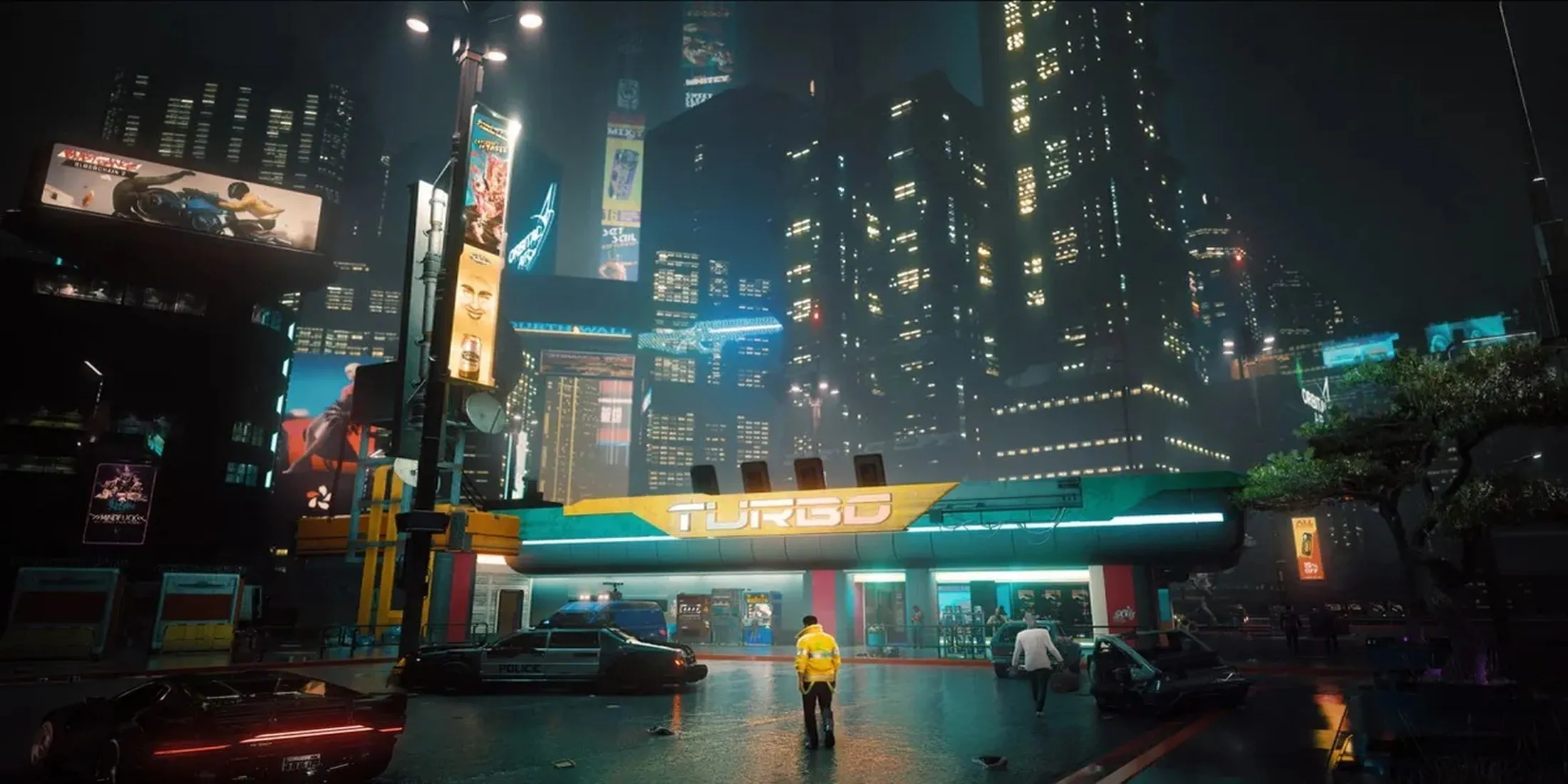 Toàn cảnh Night City với kiến trúc tương lai và ánh đèn neon