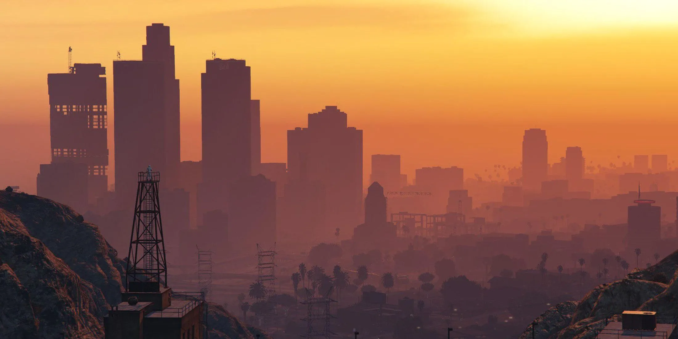 Toàn cảnh thành phố Vice City từ trên cao, tràn ngập ánh đèn neon về đêm của Grand Theft Auto VI