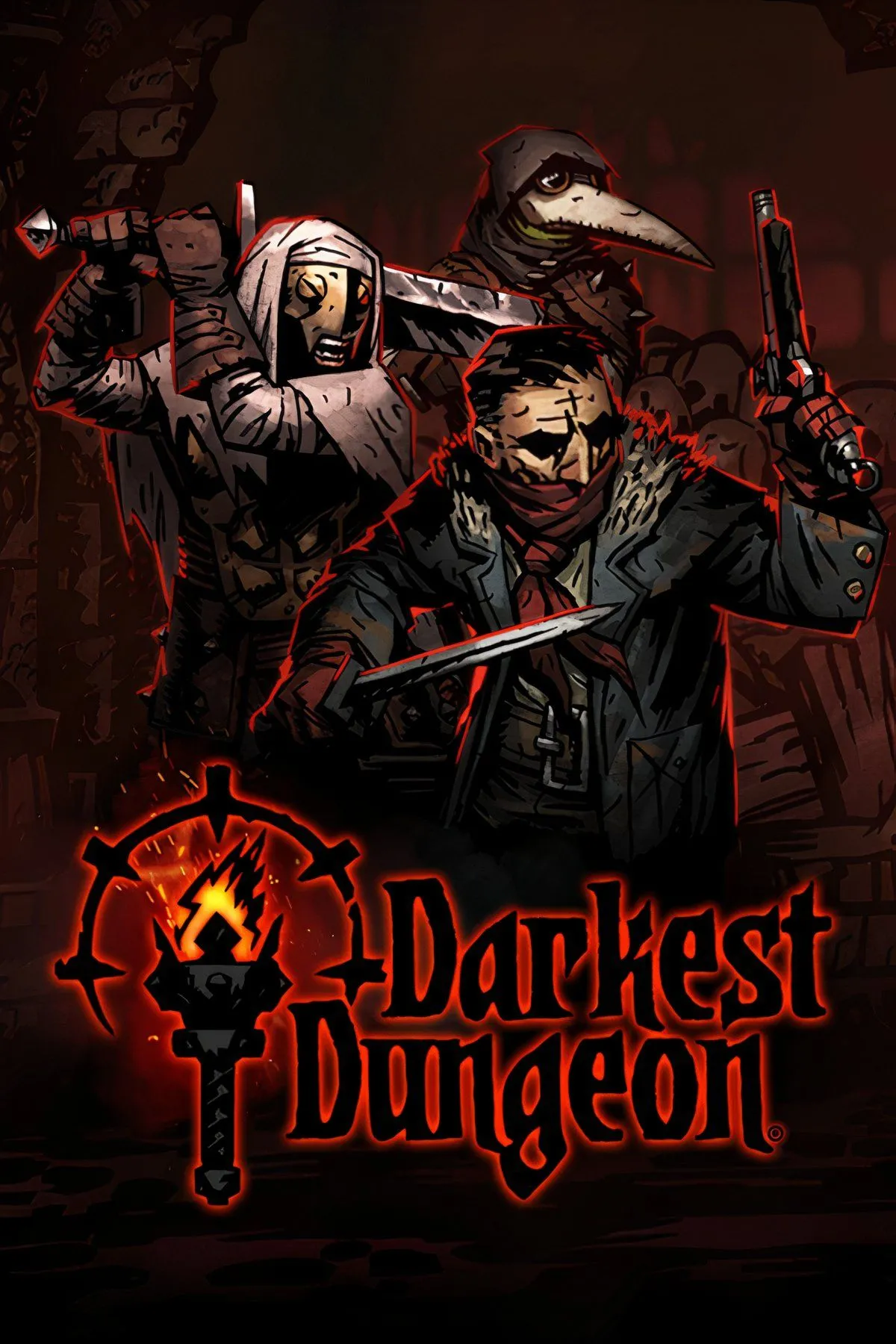 Tổng hợp các cảnh chơi game Darkest Dungeon, thể hiện phong cách đồ họa Gothic và các trận chiến theo lượt căng thẳng