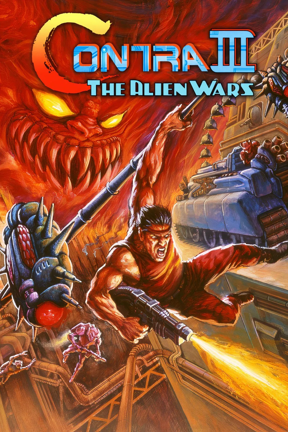 Trận đấu với boss Anti-Contra Battleship Dodriguez trong Contra III: The Alien Wars với tên lửa và đạn bay khắp màn hình