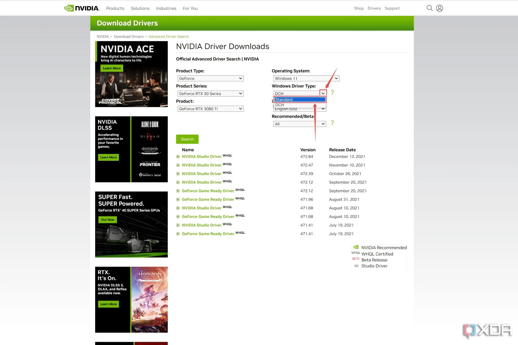 Trang tải driver Nvidia, phần Standard drivers được tô sáng