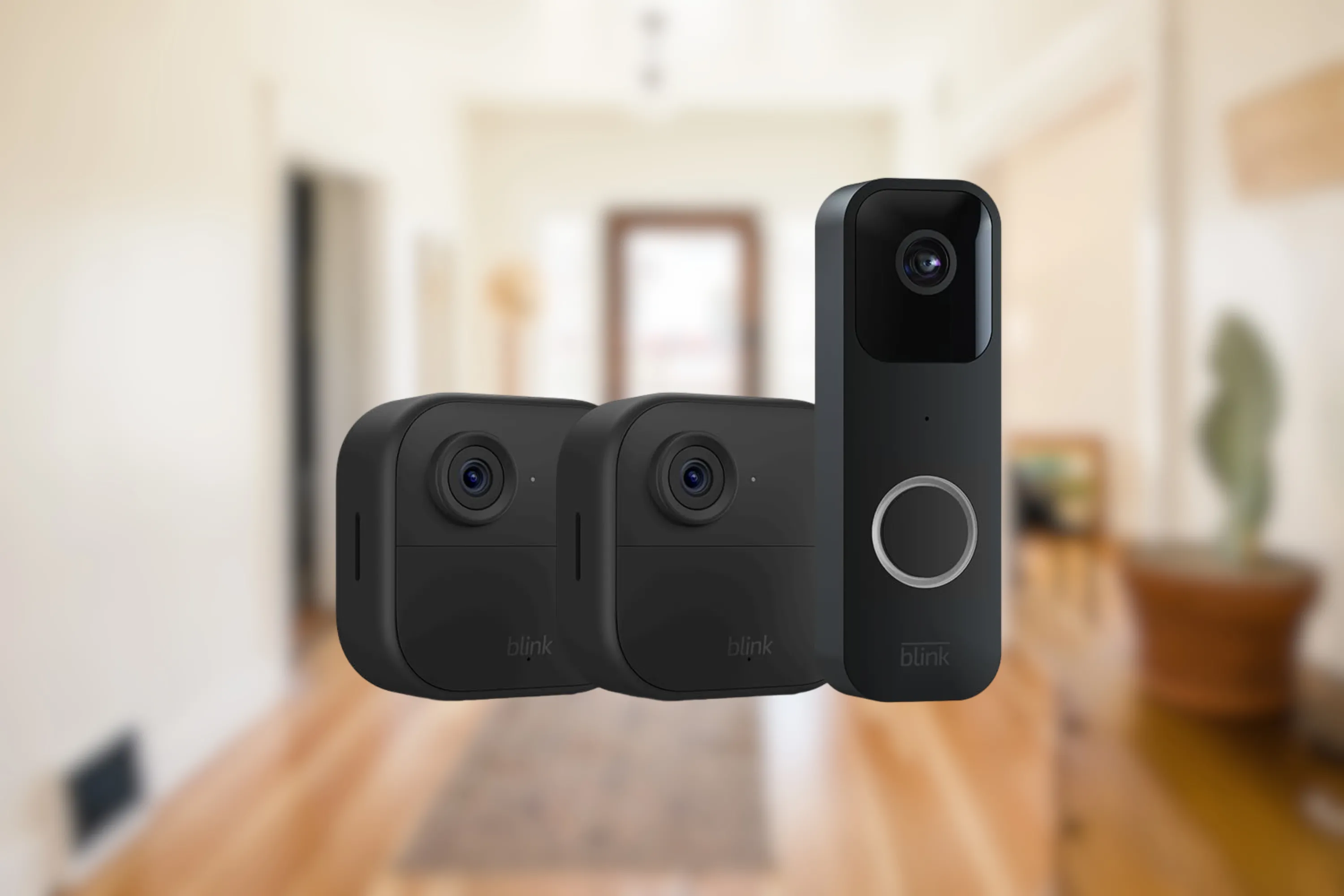 Trọn bộ chuông cửa thông minh Blink Video Doorbell màu đen, tích hợp camera và loa đàm thoại hai chiều, đặt trên nền trắng.