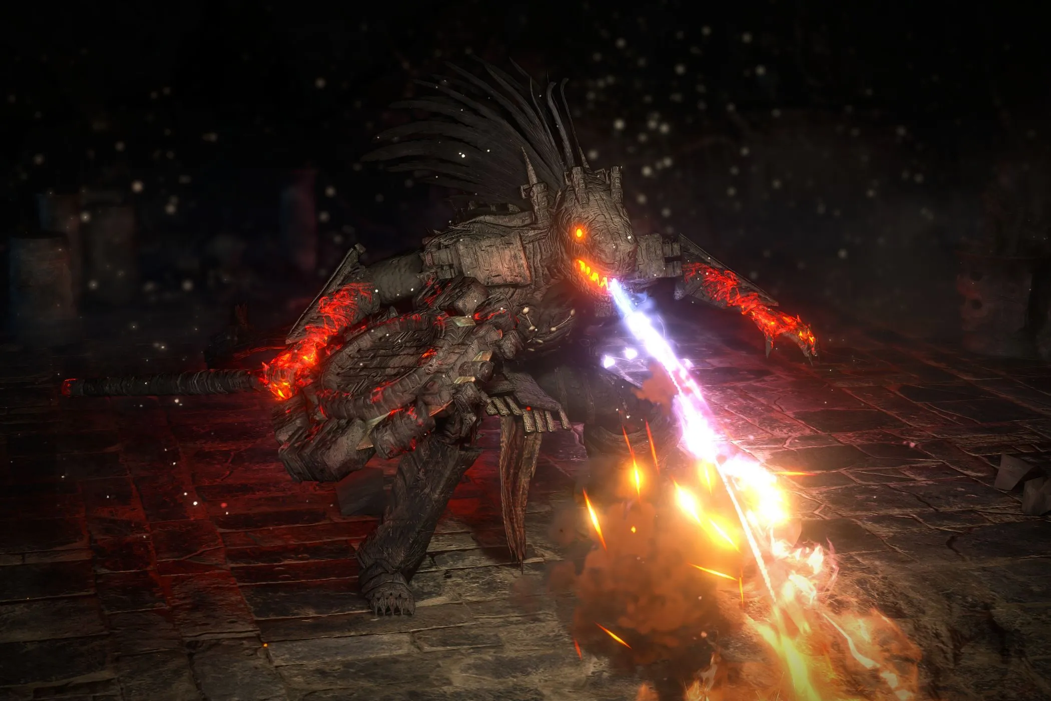 Trùm Blackjaw khạc lửa trong đấu trường Path of Exile 2, minh họa các trận chiến boss đầy thử thách và kỹ năng trong game