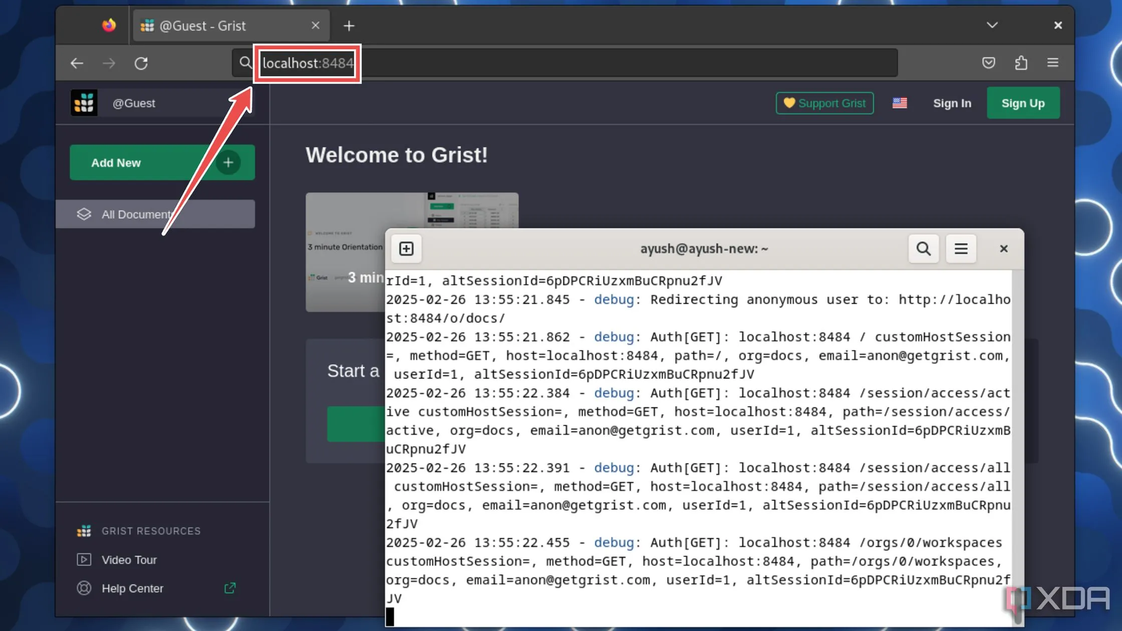 Truy cập giao diện web Grist qua localhost trên trình duyệt