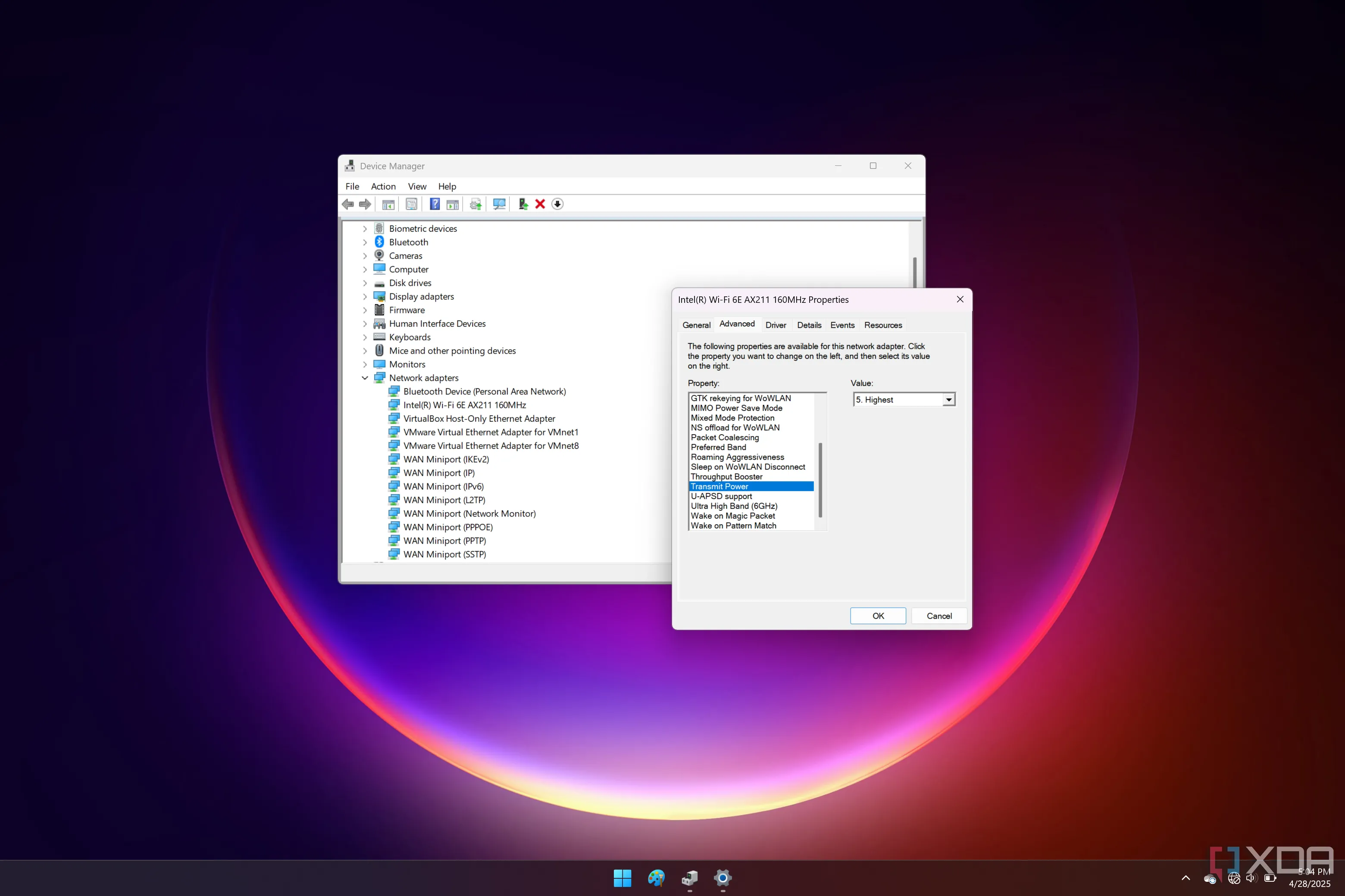 Tùy chỉnh công suất truyền tải Wi-Fi trong cài đặt driver trên Windows 11