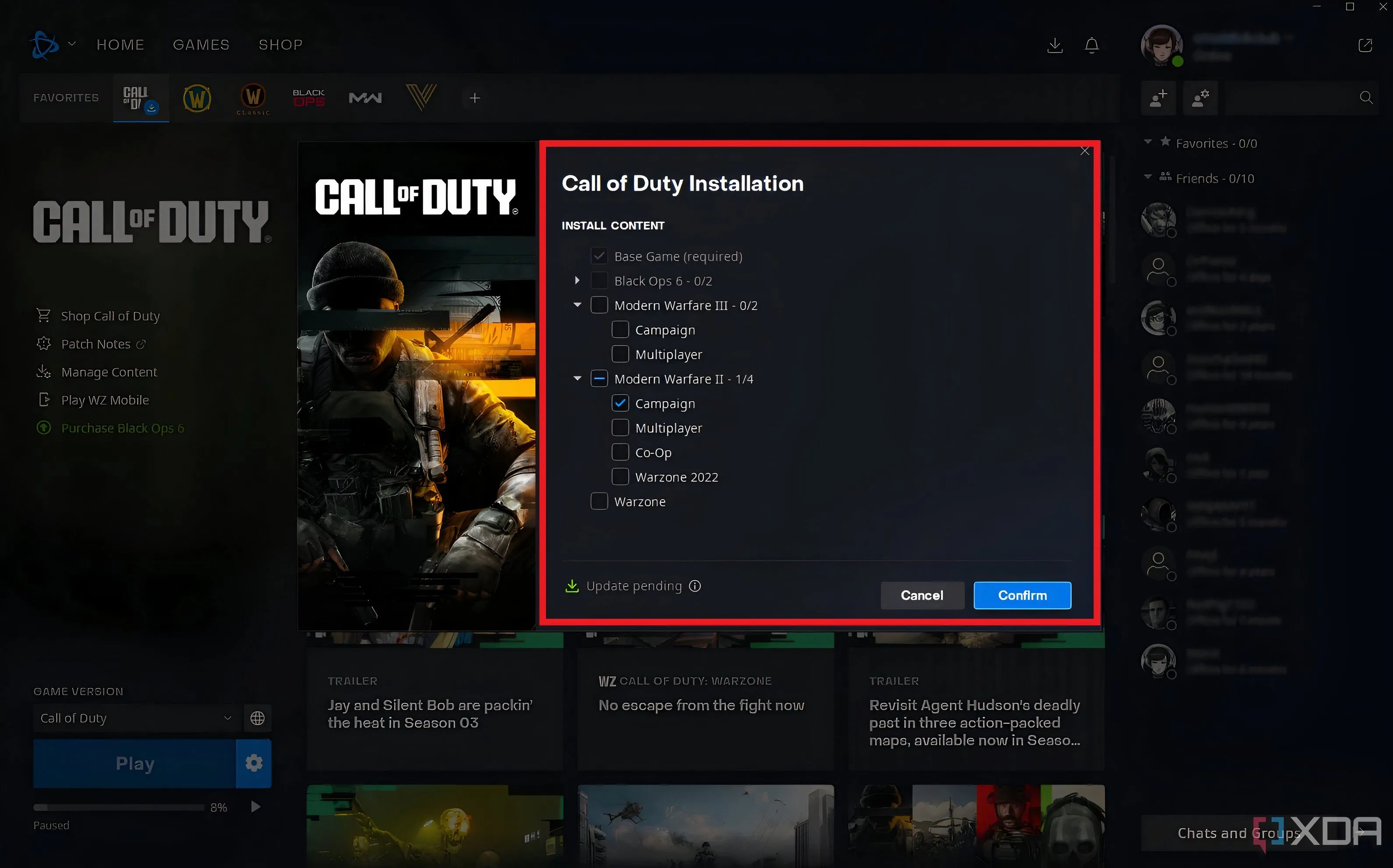 Tùy chọn cài đặt tùy chỉnh cho Call of Duty trong Battle.net, cho phép người chơi chọn thành phần cài đặt để tiết kiệm dung lượng.